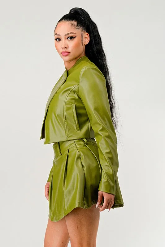 Faux Leather Jacket & Skirt Set - Olive