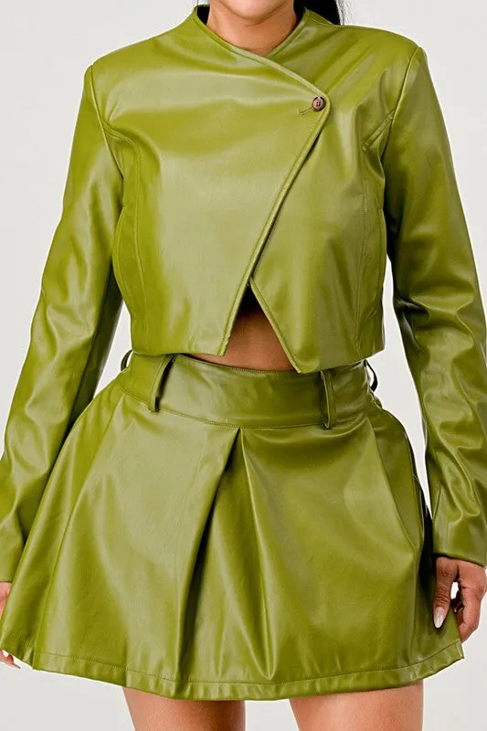 Faux Leather Jacket & Skirt Set - Olive