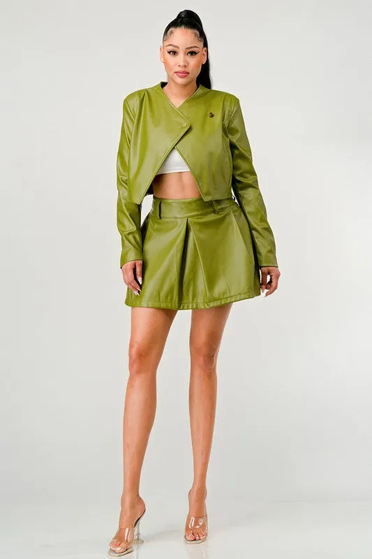 Faux Leather Jacket & Skirt Set - Olive