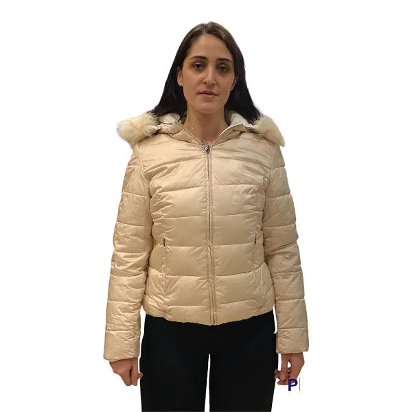 Gaudi Stylish Beige Synthetic Down Jacket with Hood and Faux Fur Trim - Model 121BD35006 125001-02