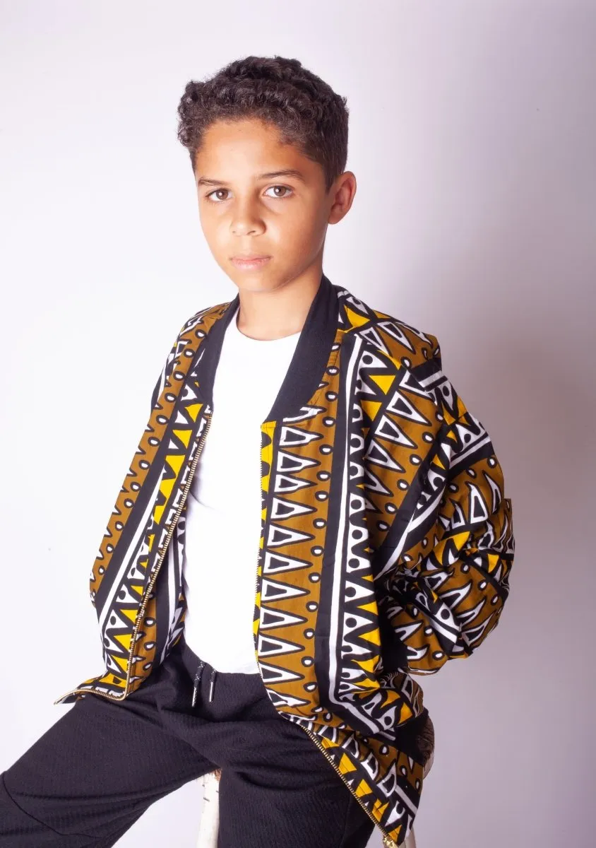 Kids African Bomber Jacket In Earthy Tones Mud Cloth