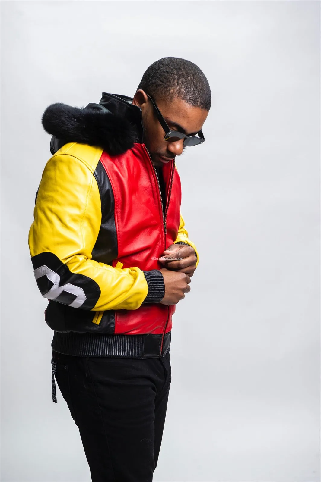 Men's 8 Ball Leather Jacket With Fox Fur Hood [Yellow/Black/Red]