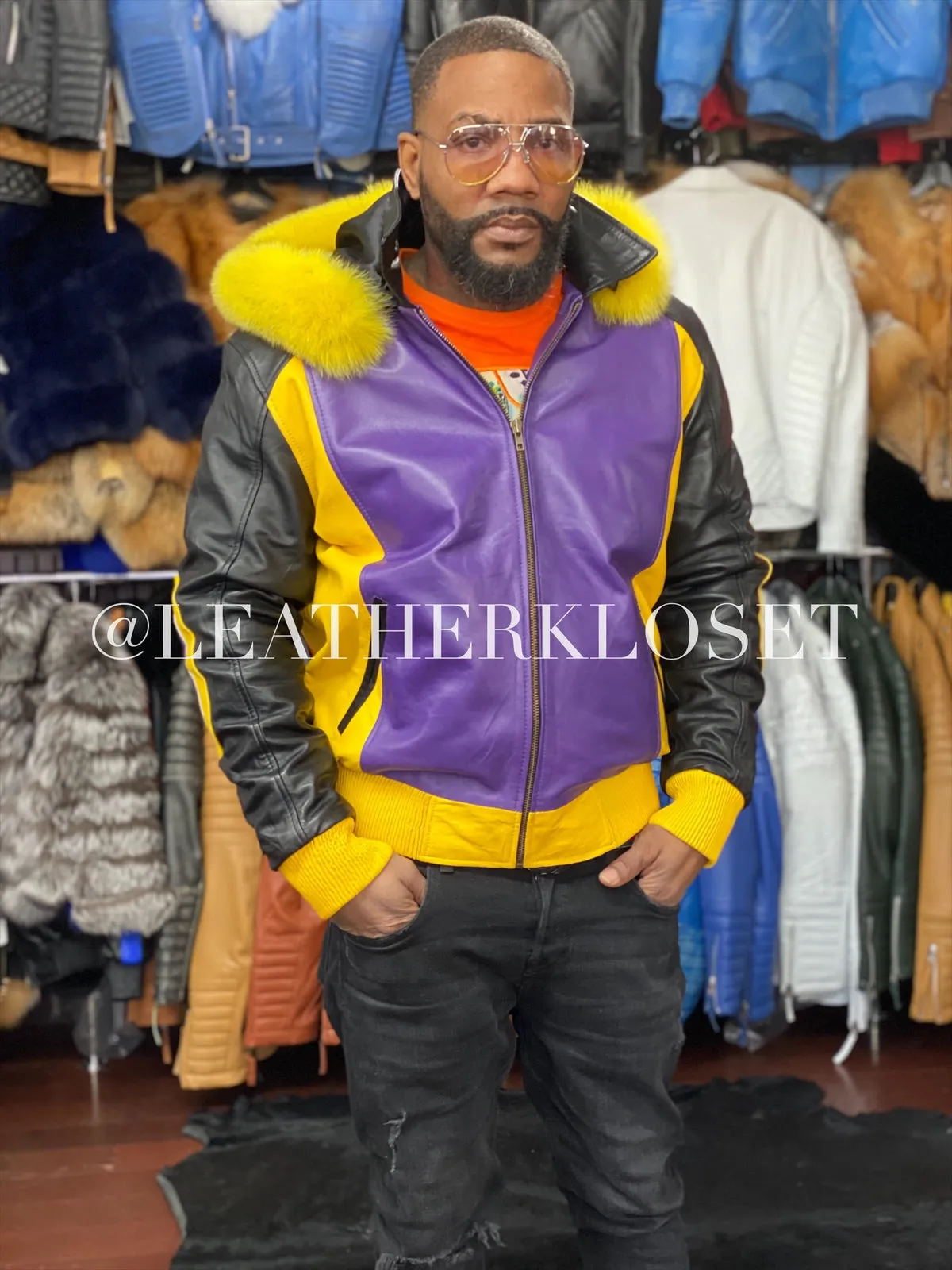 Men's 8 Ball Leather Jacket With Fox Hood [Purple/Black/Yellow]