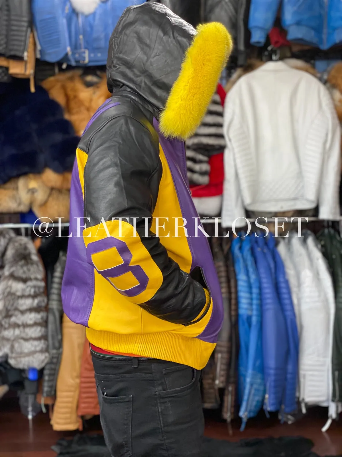 Men's 8 Ball Leather Jacket With Fox Hood [Purple/Black/Yellow]