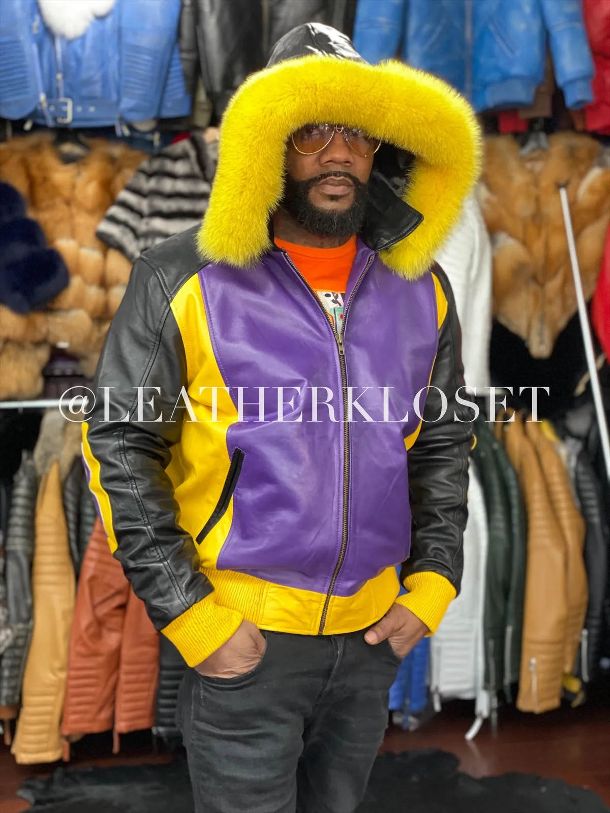 Men's 8 Ball Leather Jacket With Fox Hood [Purple/Black/Yellow]