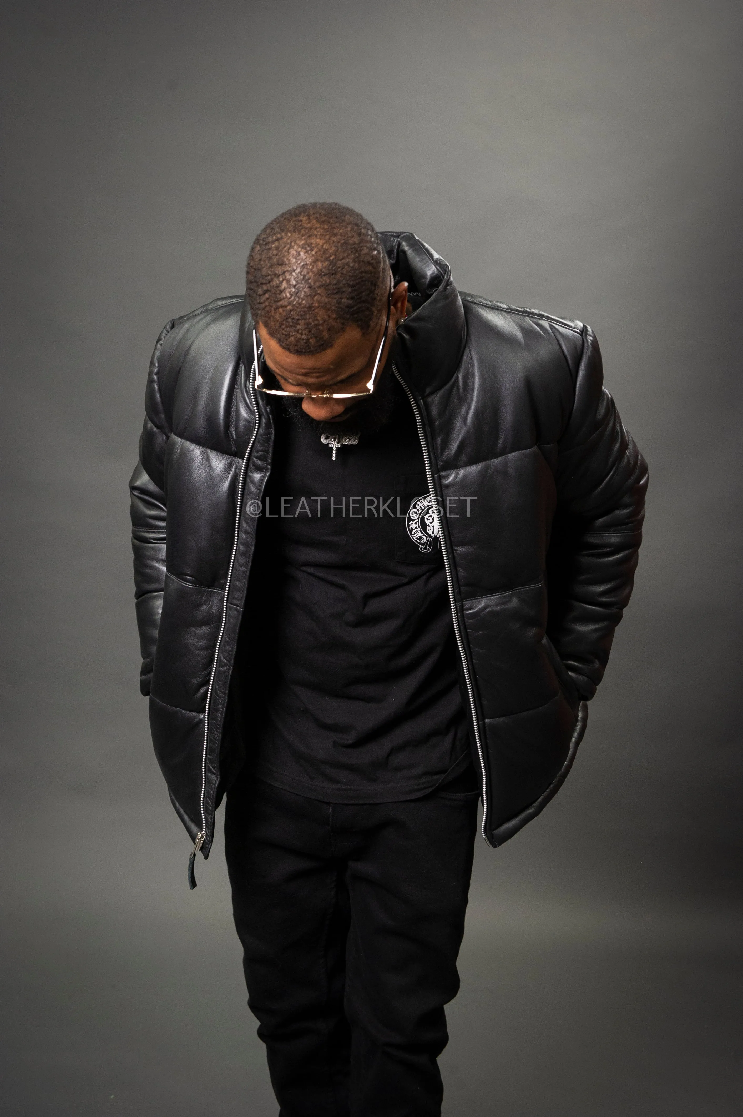 Men’s Arctic Leather Bubble Bomber Jacket [Black]