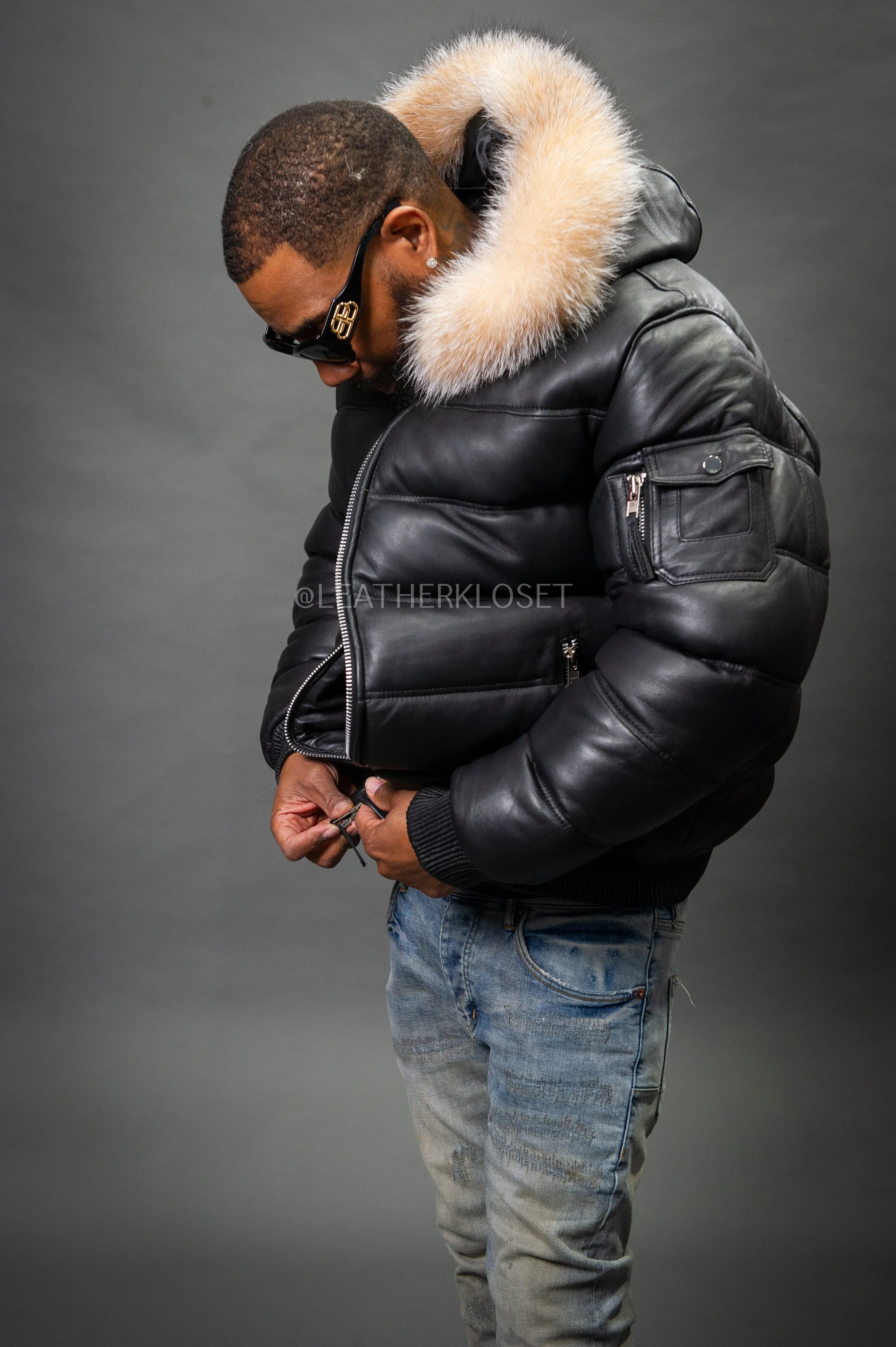 Mens Black Aspen Leather Bubble Bomber Jacket with Crystal Accents