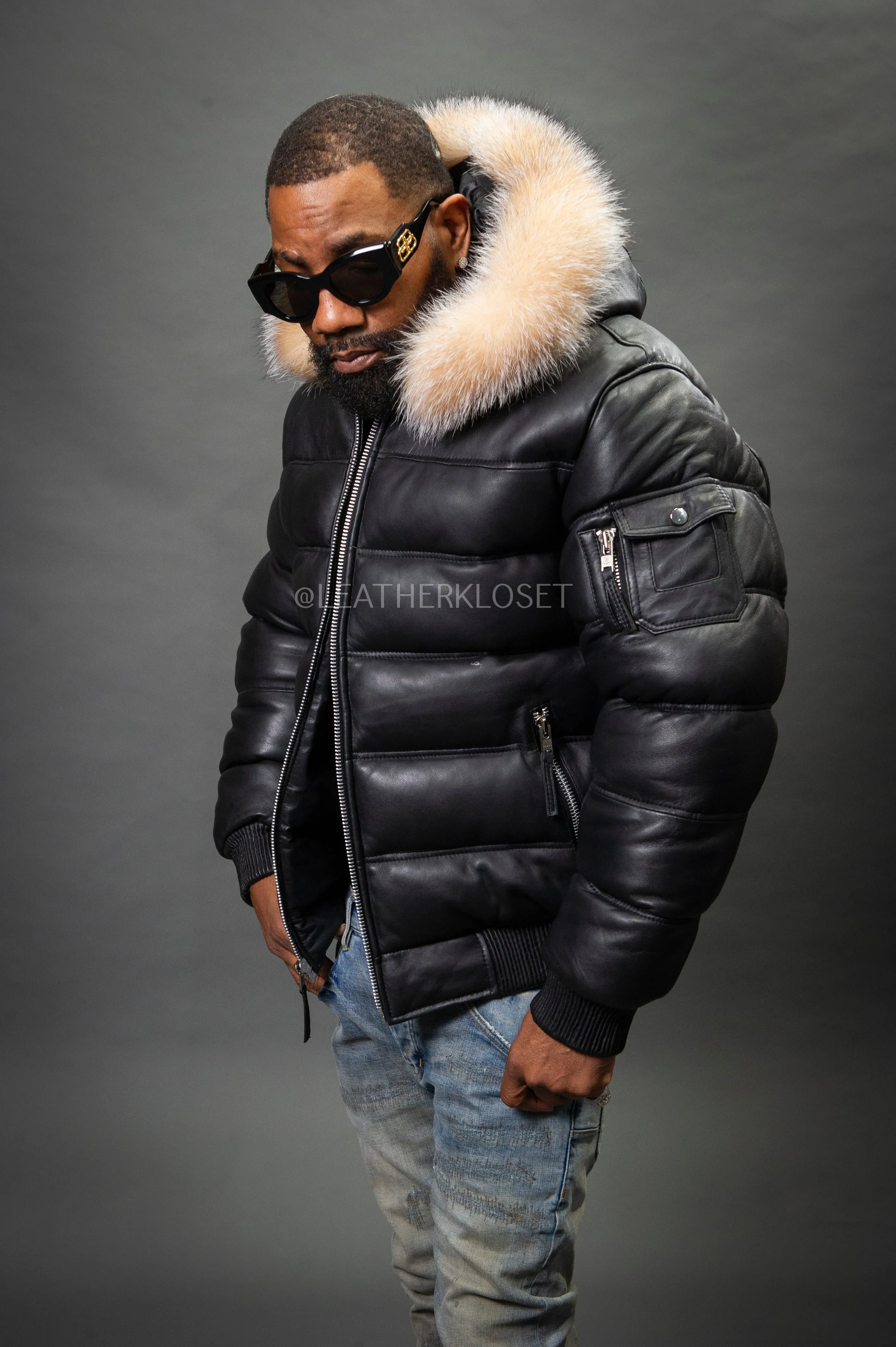 Mens Black Aspen Leather Bubble Bomber Jacket with Crystal Accents