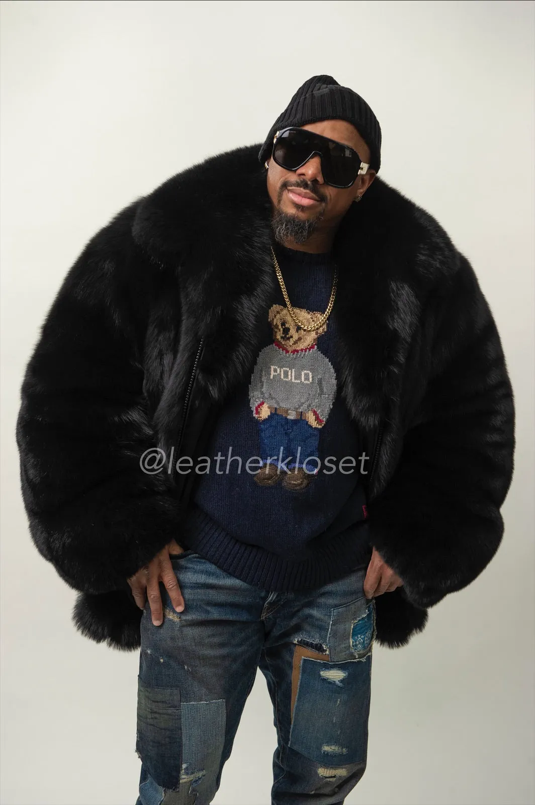 Men's Black Fox Fur Bomber Jacket