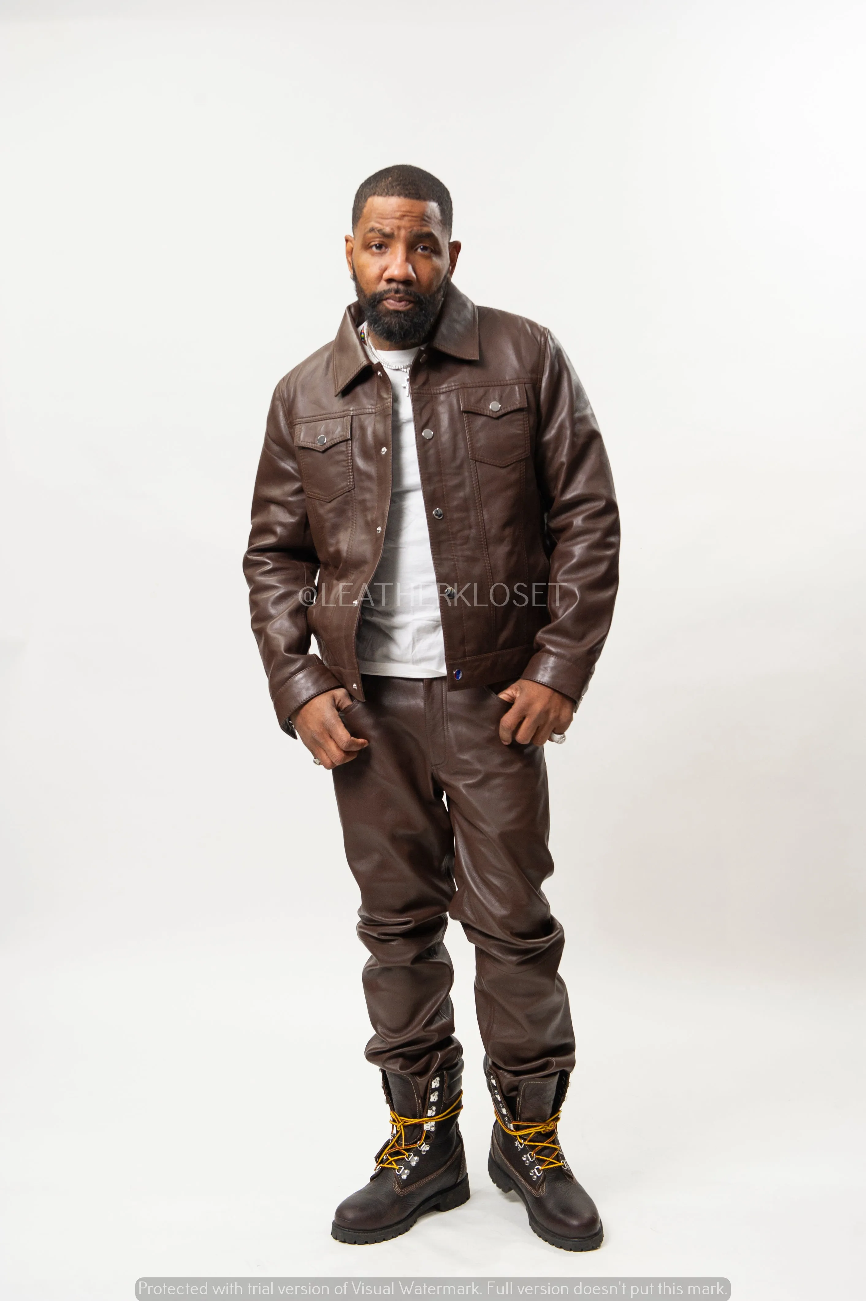 Men's Dylan Leather Jean Jacket And Pants Set [Brown]