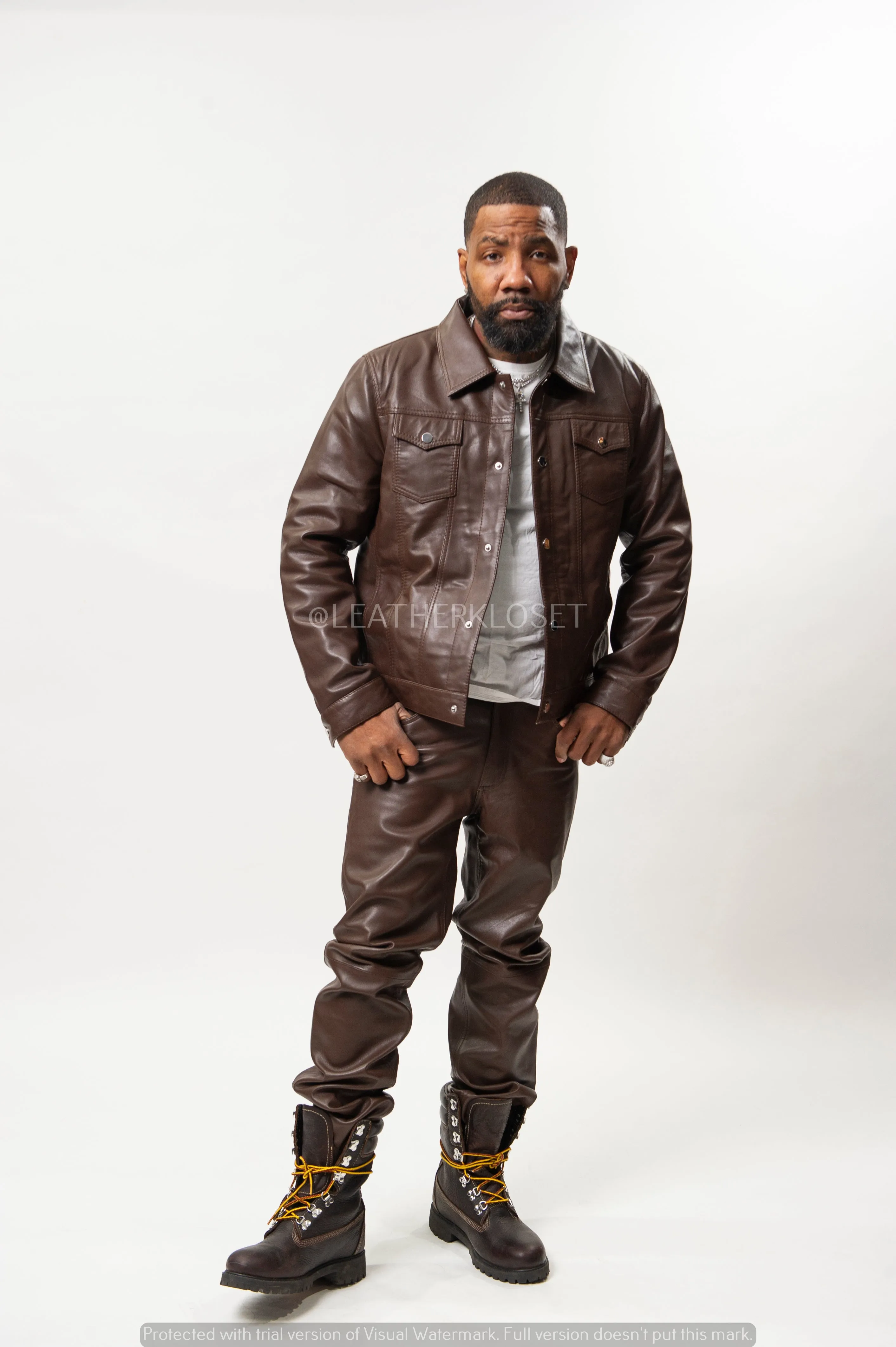 Men's Dylan Leather Jean Jacket And Pants Set [Brown]