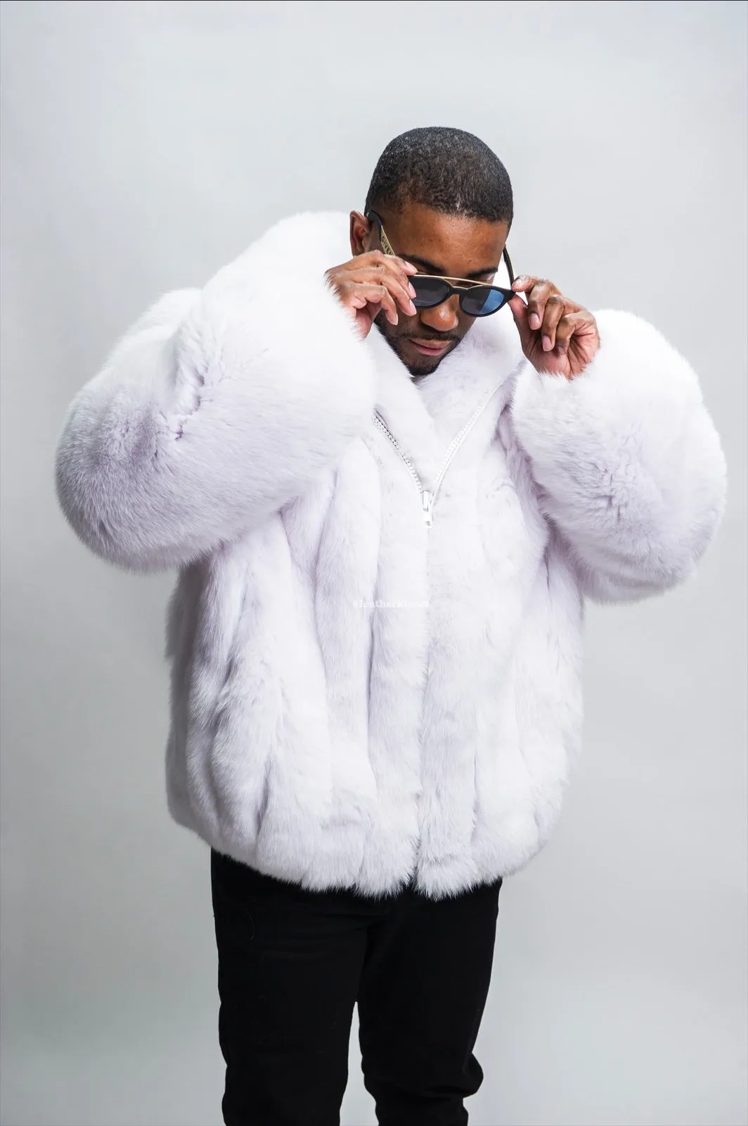 Mens Pure White Fox Fur Bomber Jacket