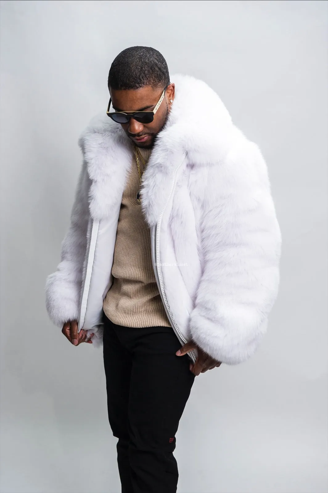 Mens Pure White Fox Fur Bomber Jacket