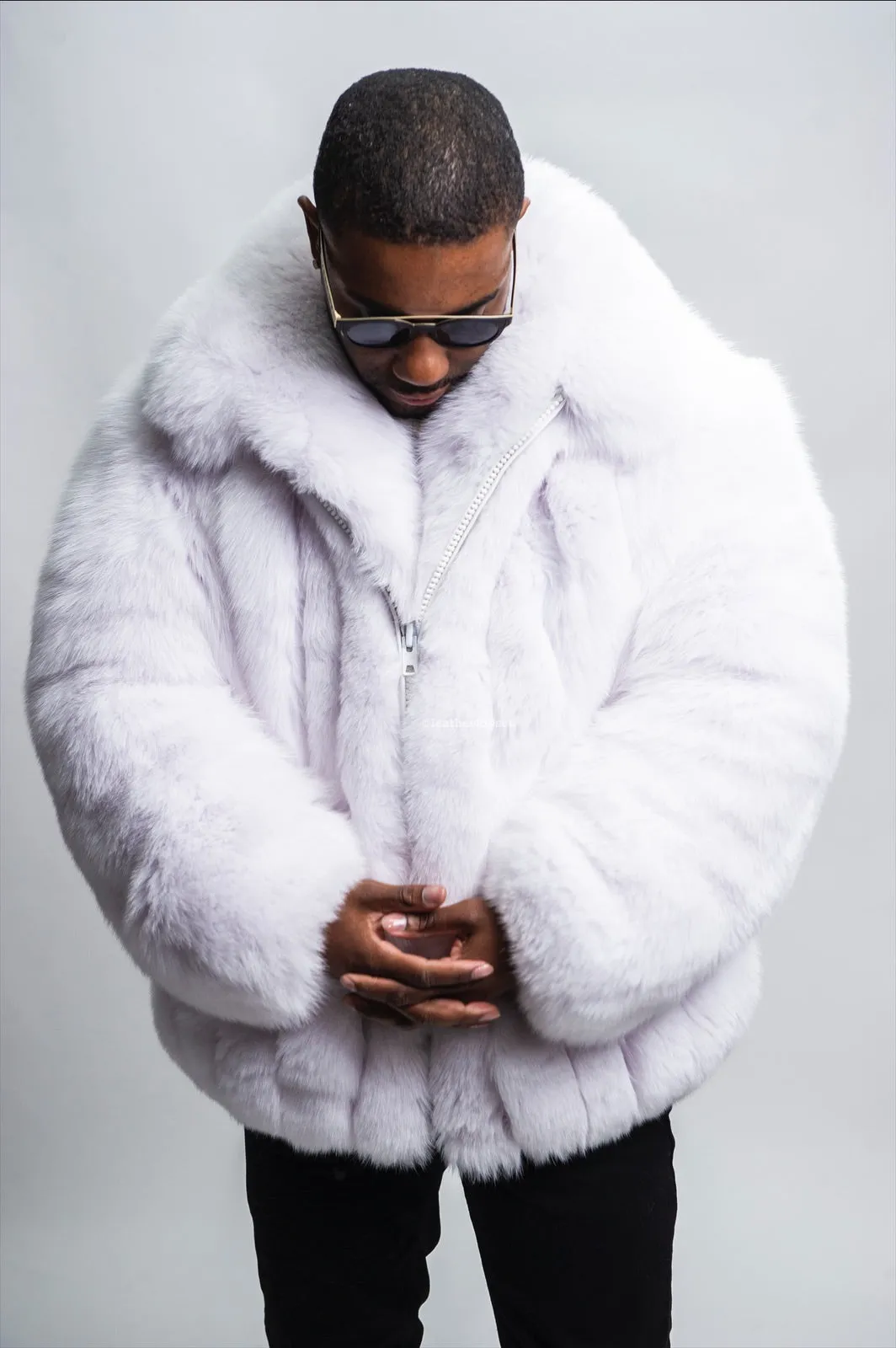 Mens Pure White Fox Fur Bomber Jacket