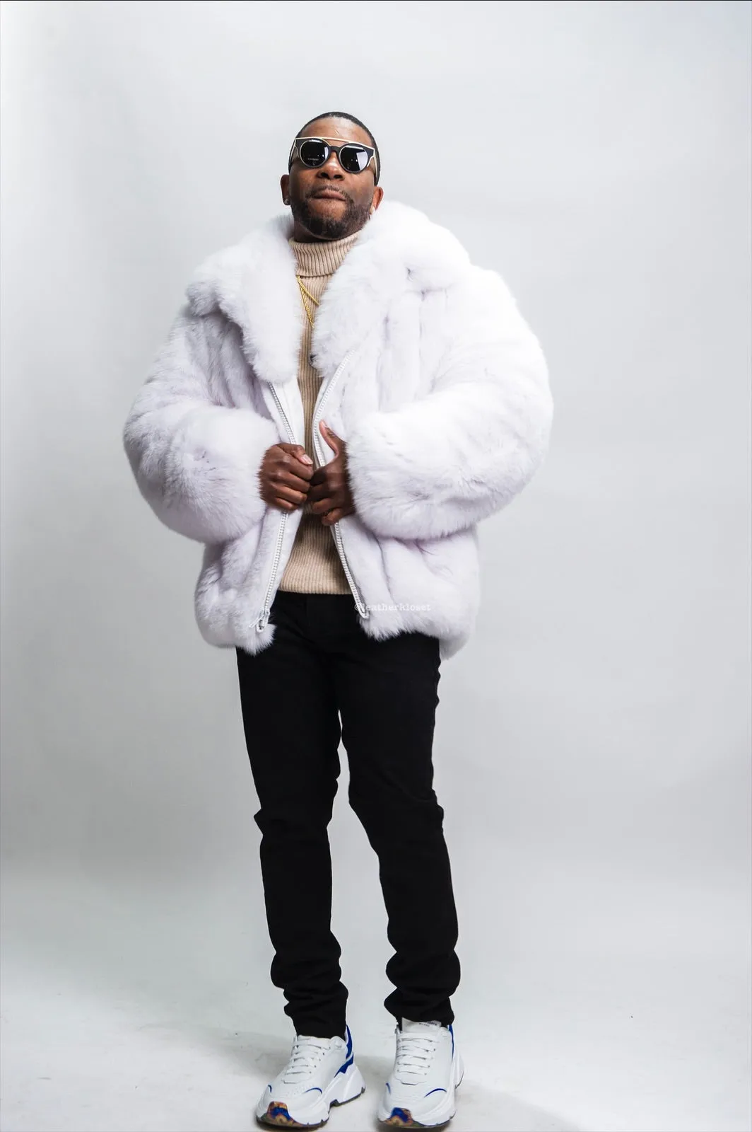 Mens Pure White Fox Fur Bomber Jacket