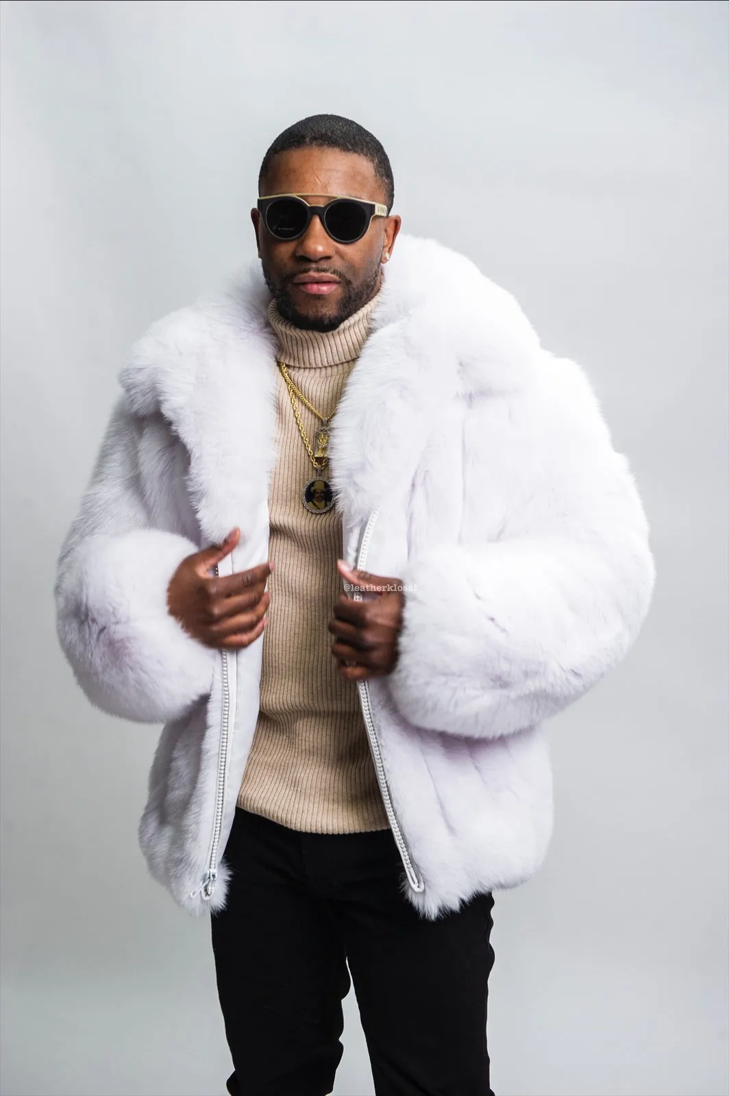 Mens Pure White Fox Fur Bomber Jacket