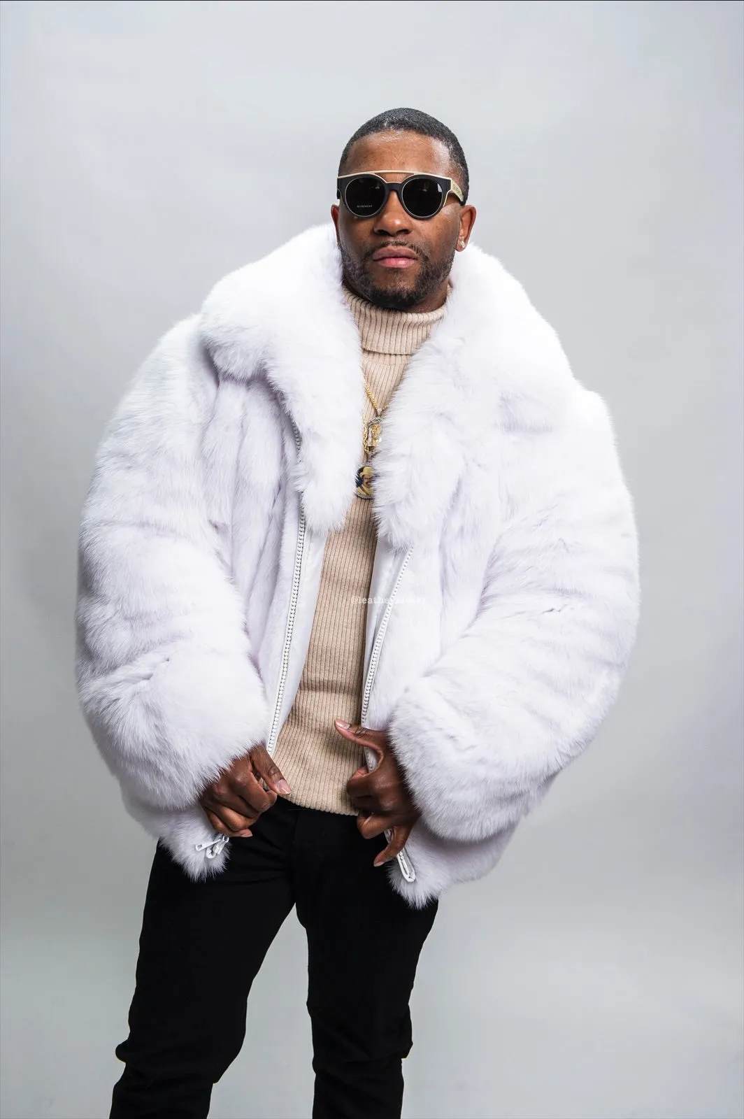 Mens Pure White Fox Fur Bomber Jacket