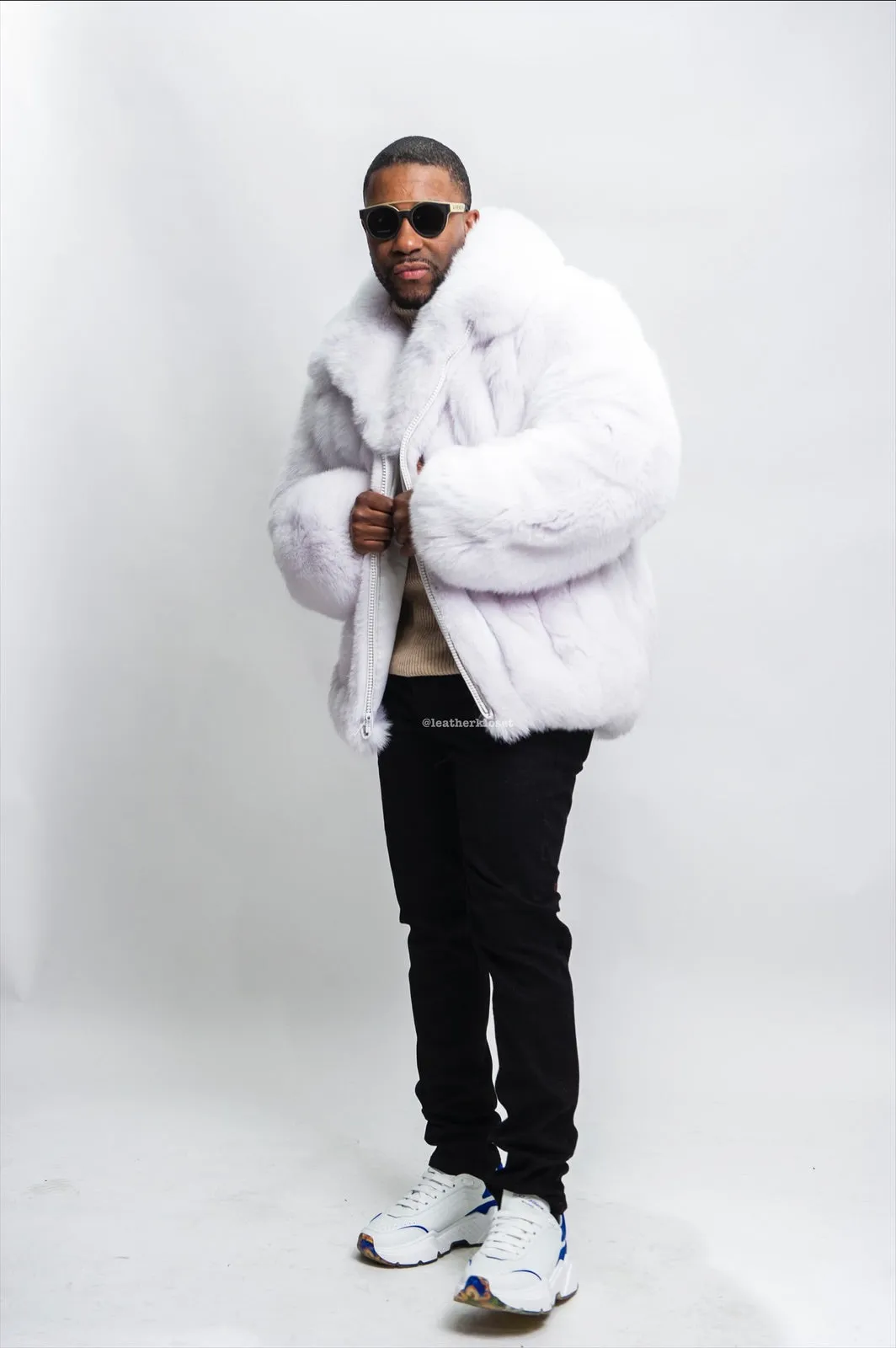 Mens Pure White Fox Fur Bomber Jacket