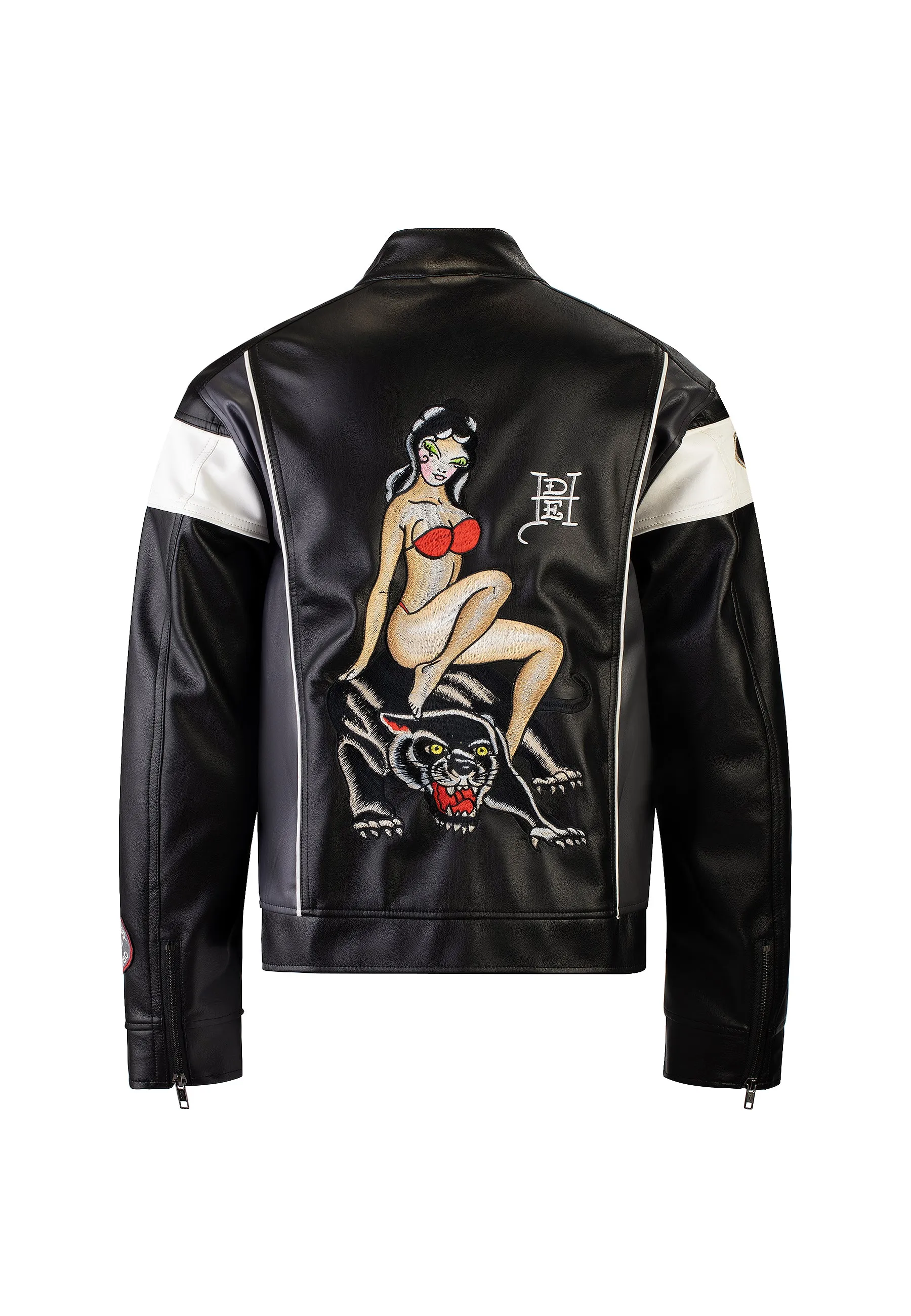 Mens Holly Panther Vegan Leather Motocross Jacket - Black/White