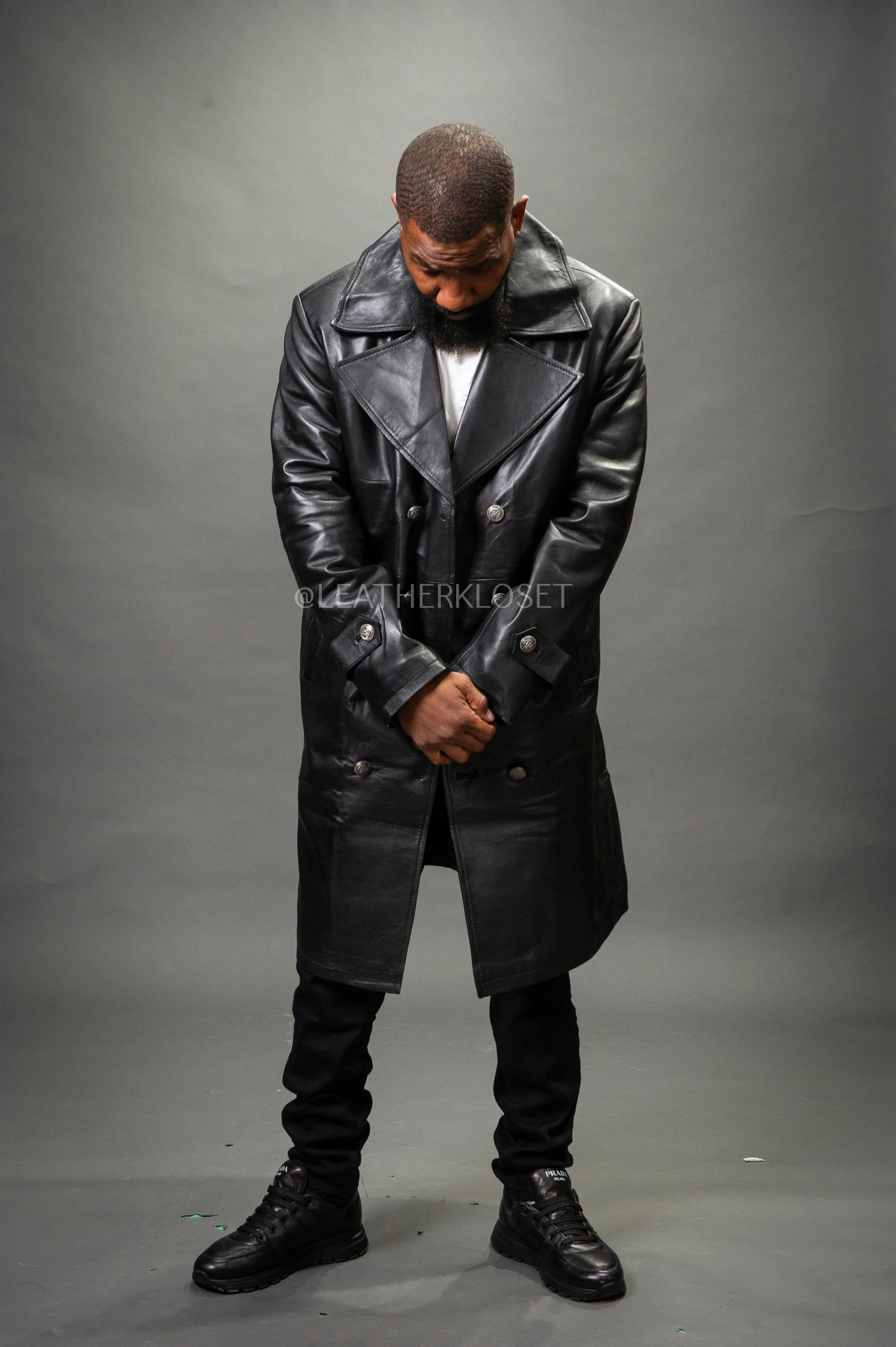 Men's Leather Trench Coat [Black]