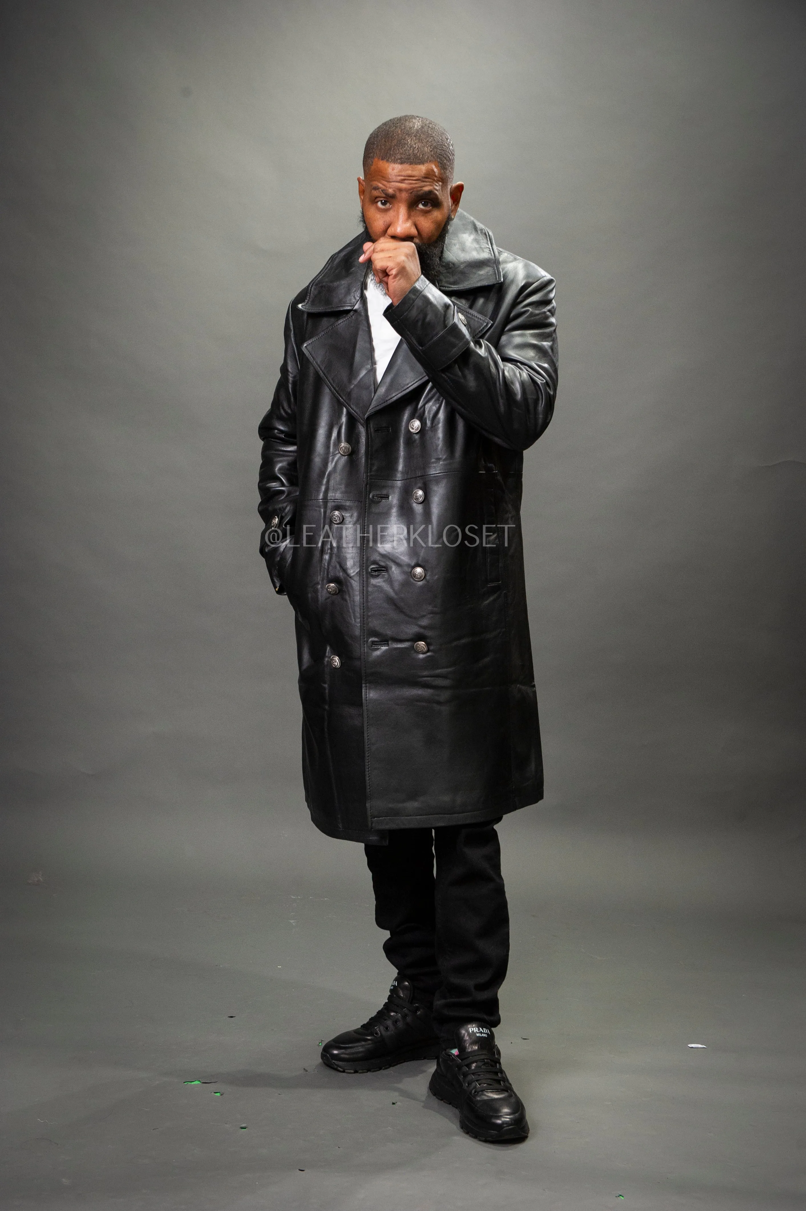 Men's Leather Trench Coat [Black]