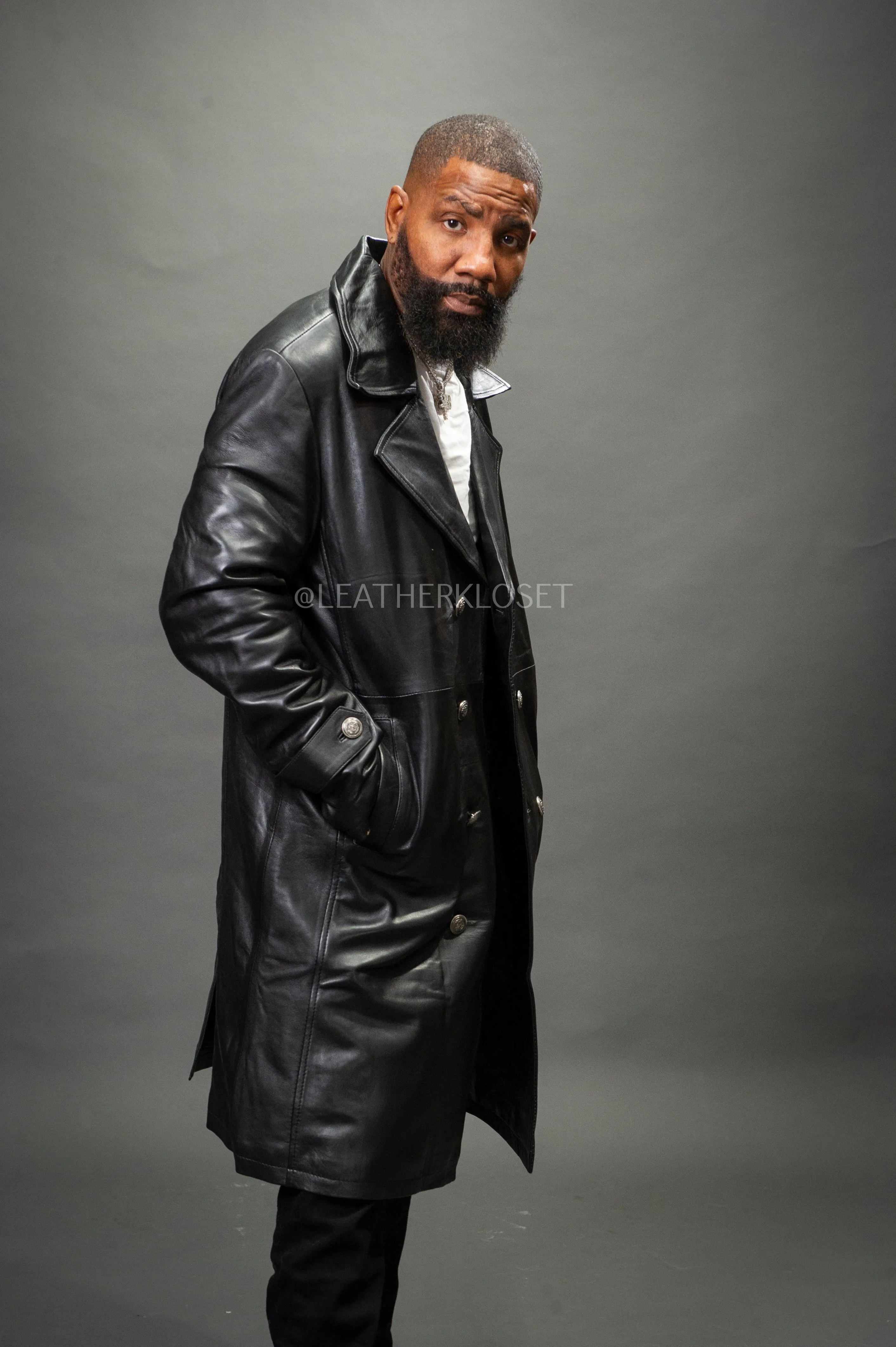 Men's Leather Trench Coat [Black]