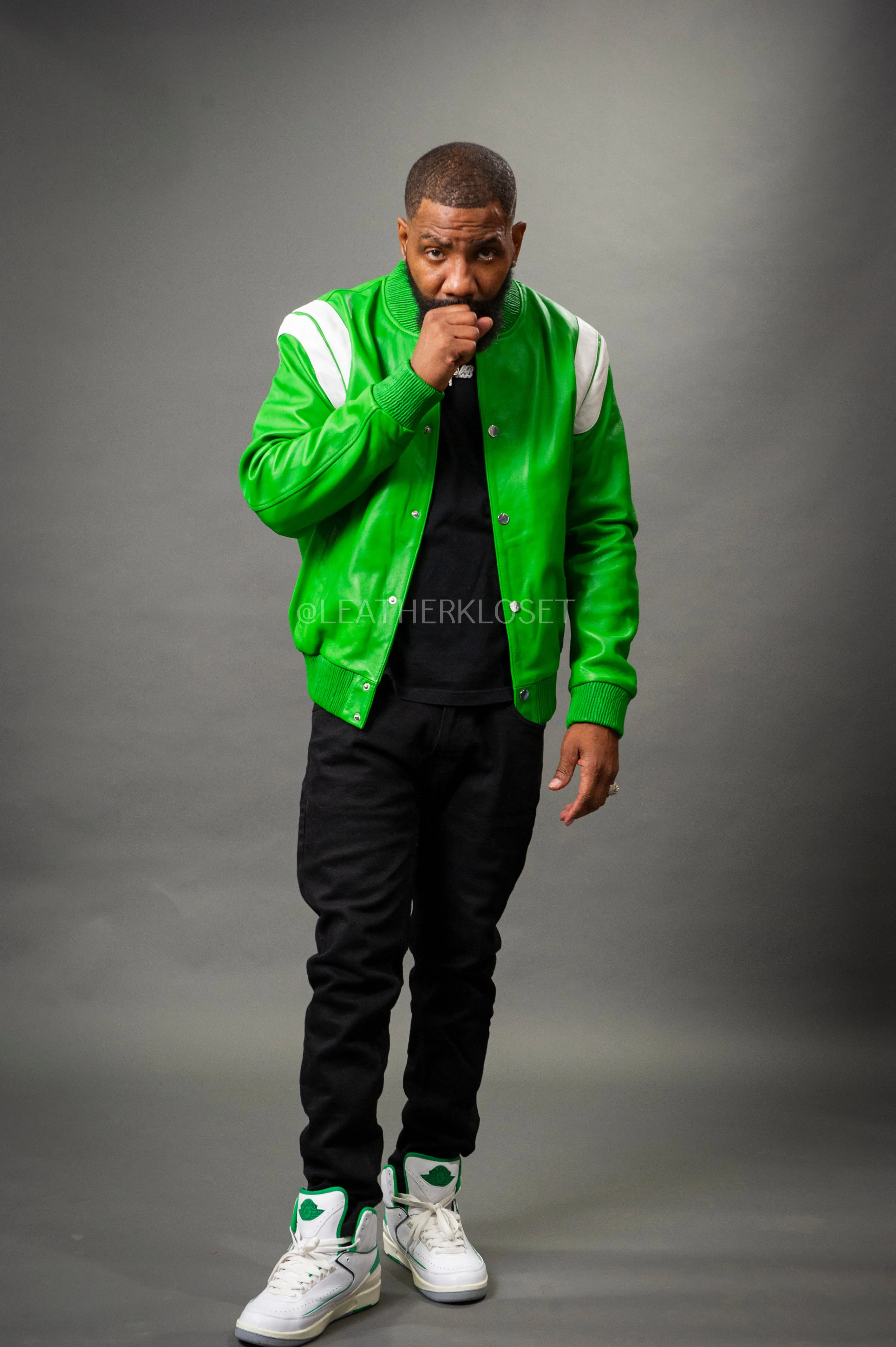 Men's Liam All-Leather Varsity Jacket [Green/White]