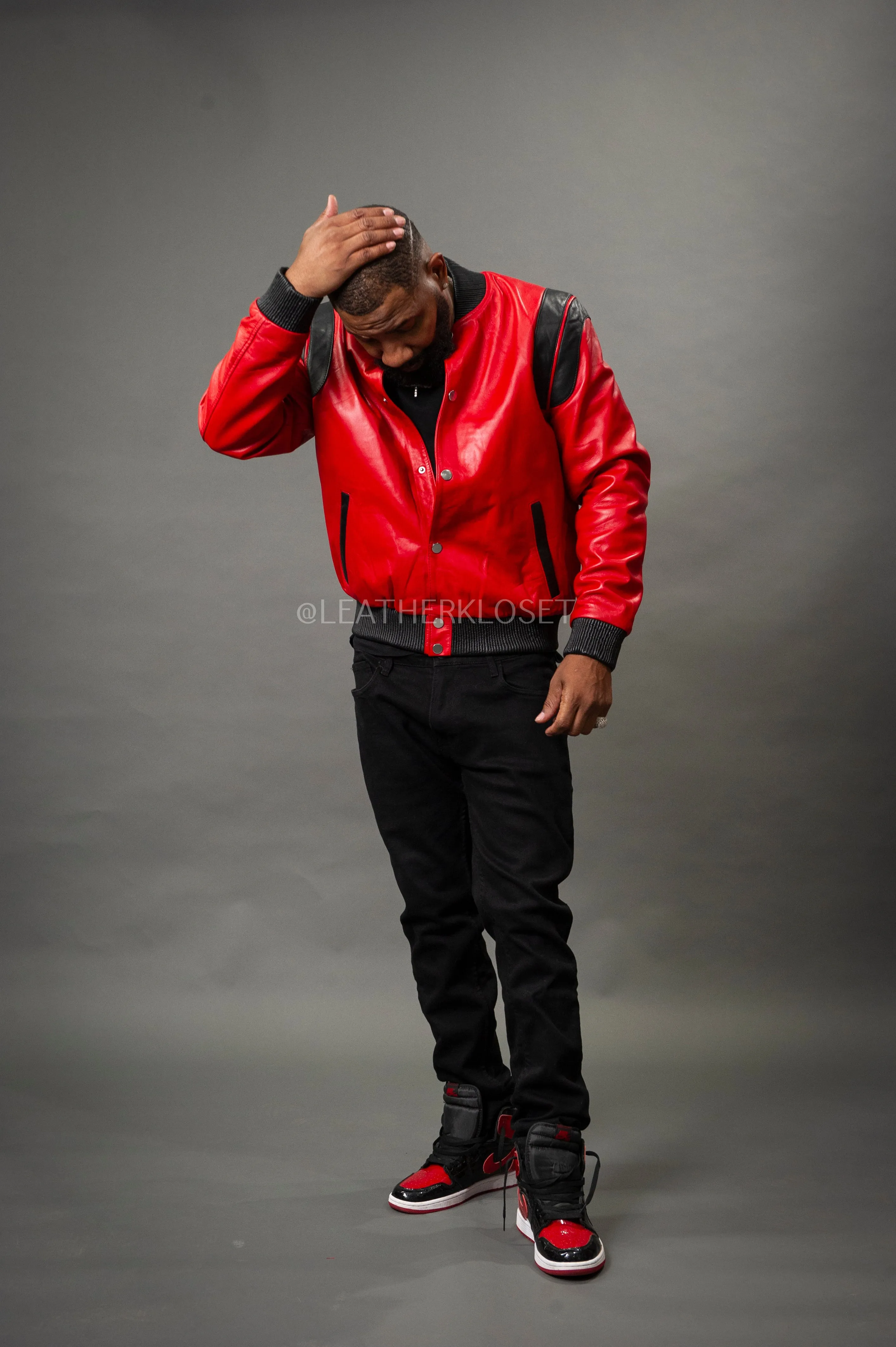 Men's Liam All-Leather Varsity Jacket [Red/Black]