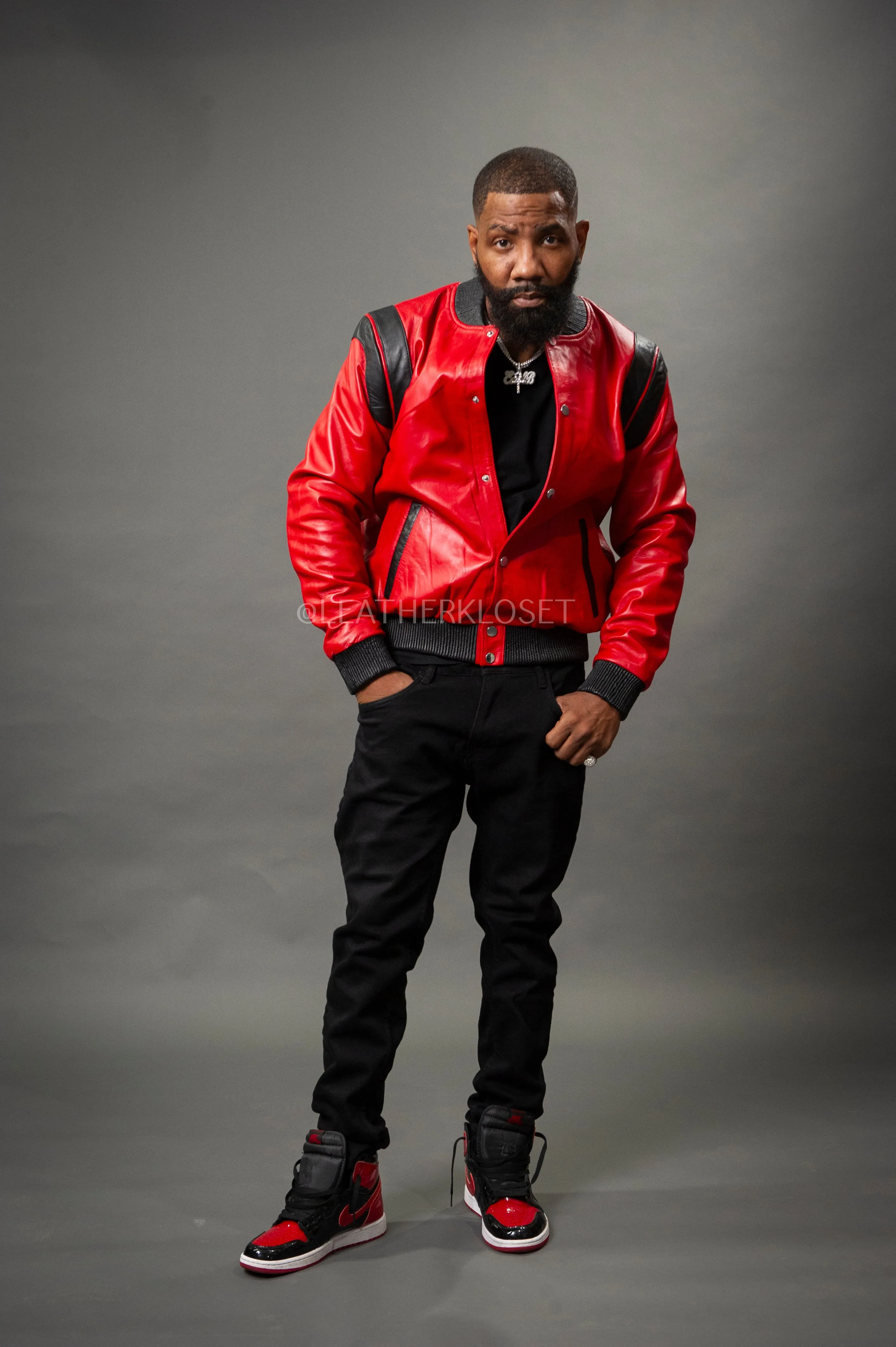 Men's Liam All-Leather Varsity Jacket [Red/Black]