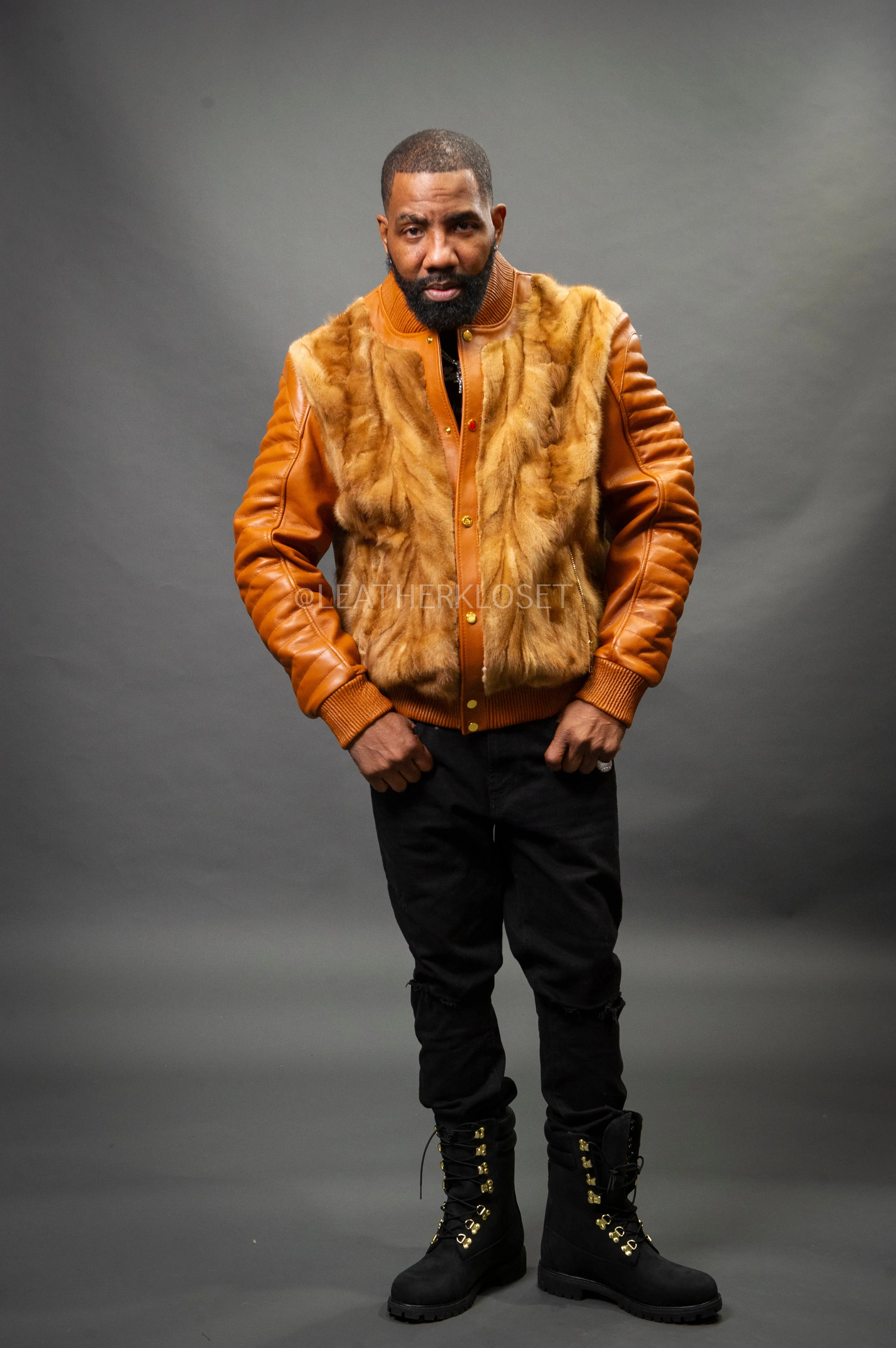 Men's Mink And Leather Combo Jacket [Whiskey]