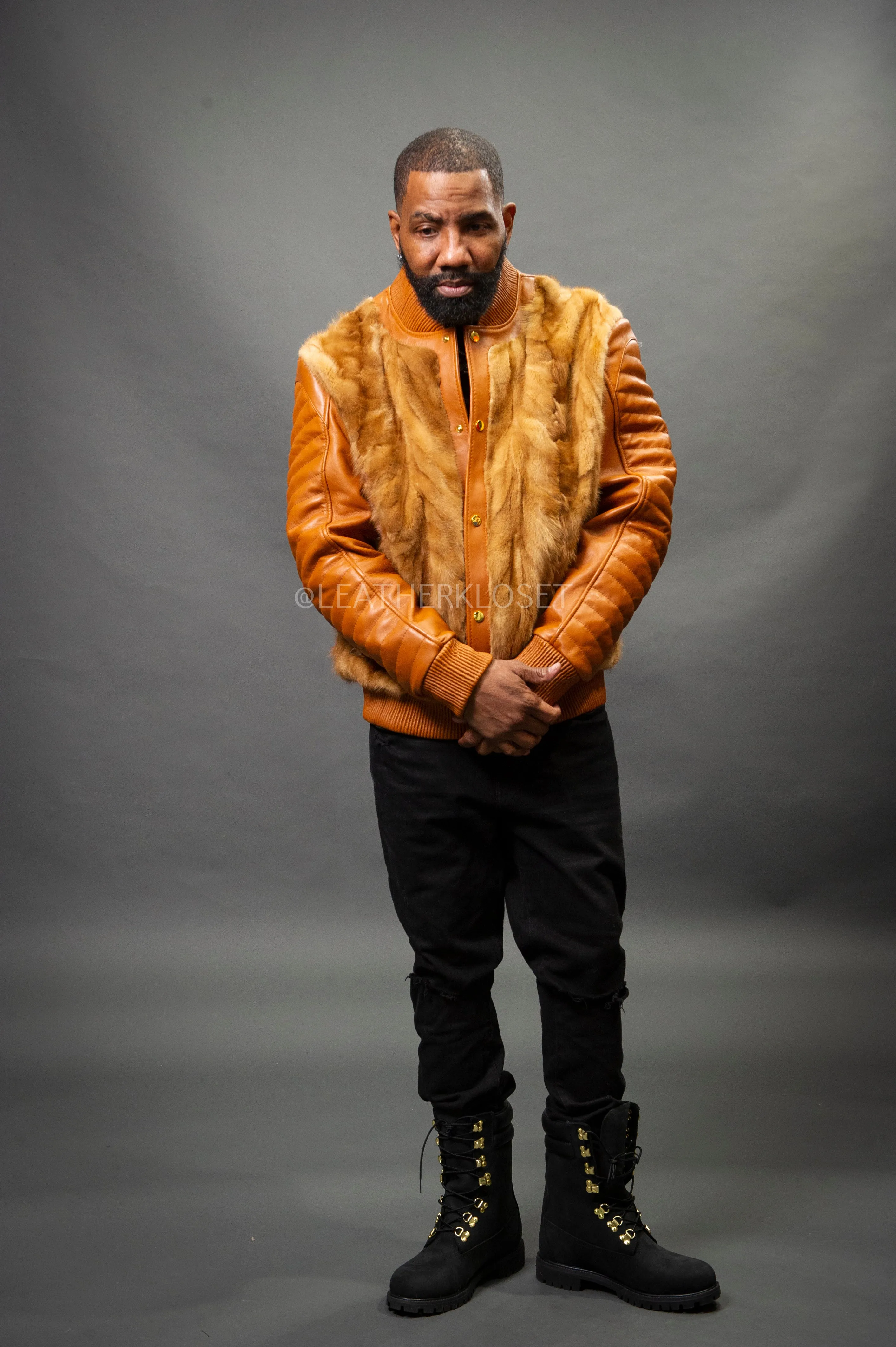 Men's Mink And Leather Combo Jacket [Whiskey]