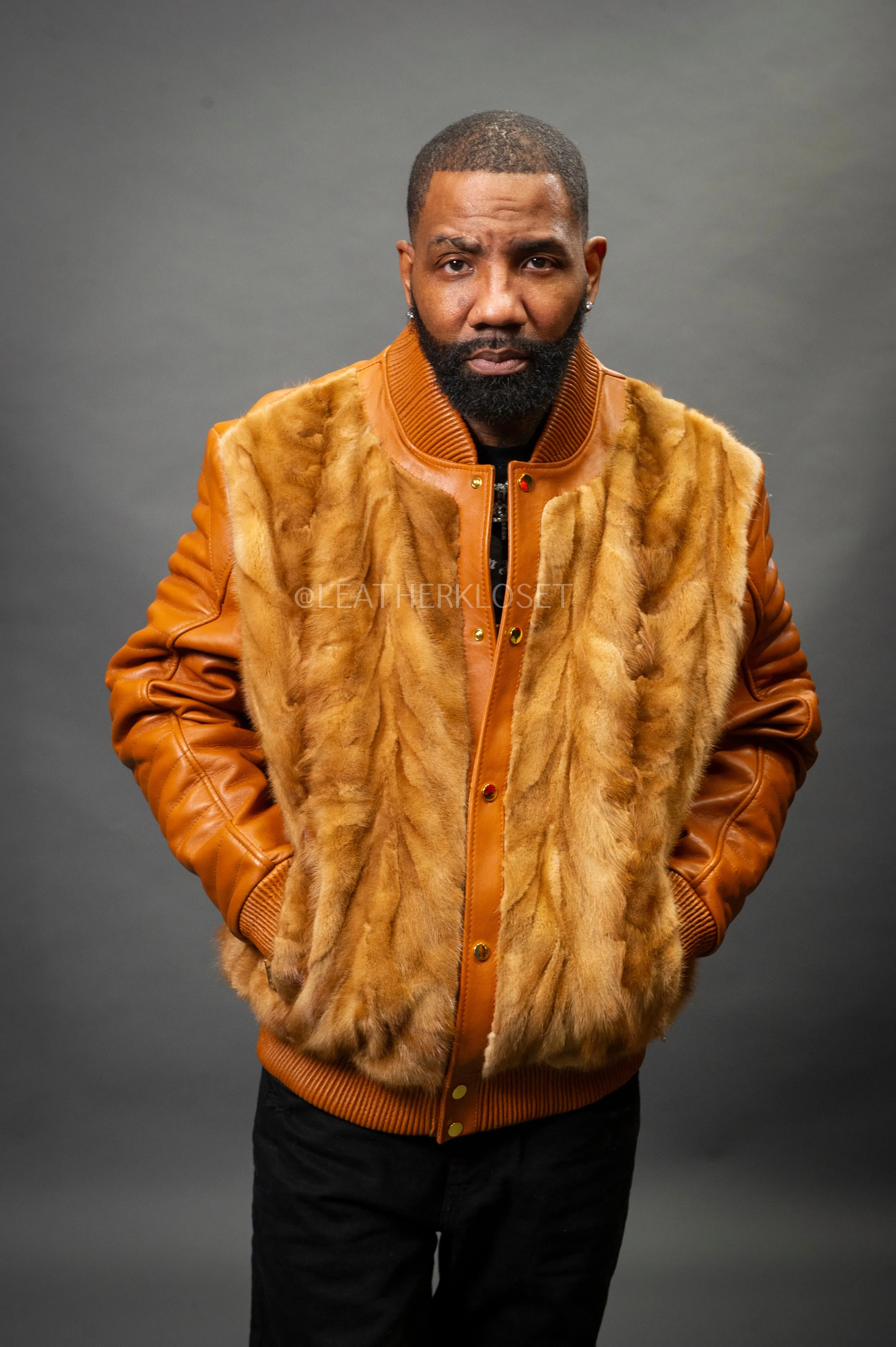 Men's Mink And Leather Combo Jacket [Whiskey]