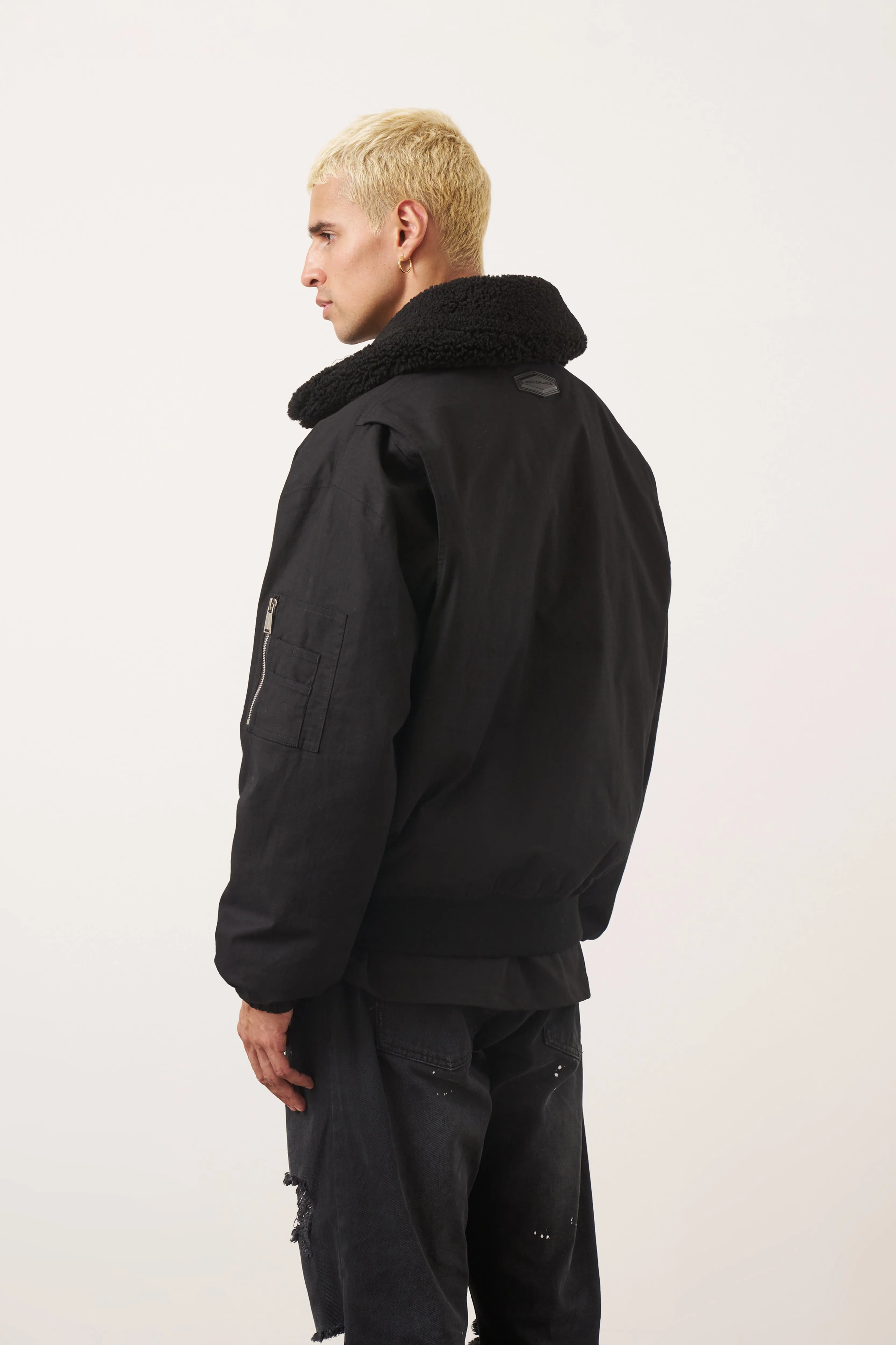 OVERSIZED BORG DETAIL BOMBER JACKET - BLACK