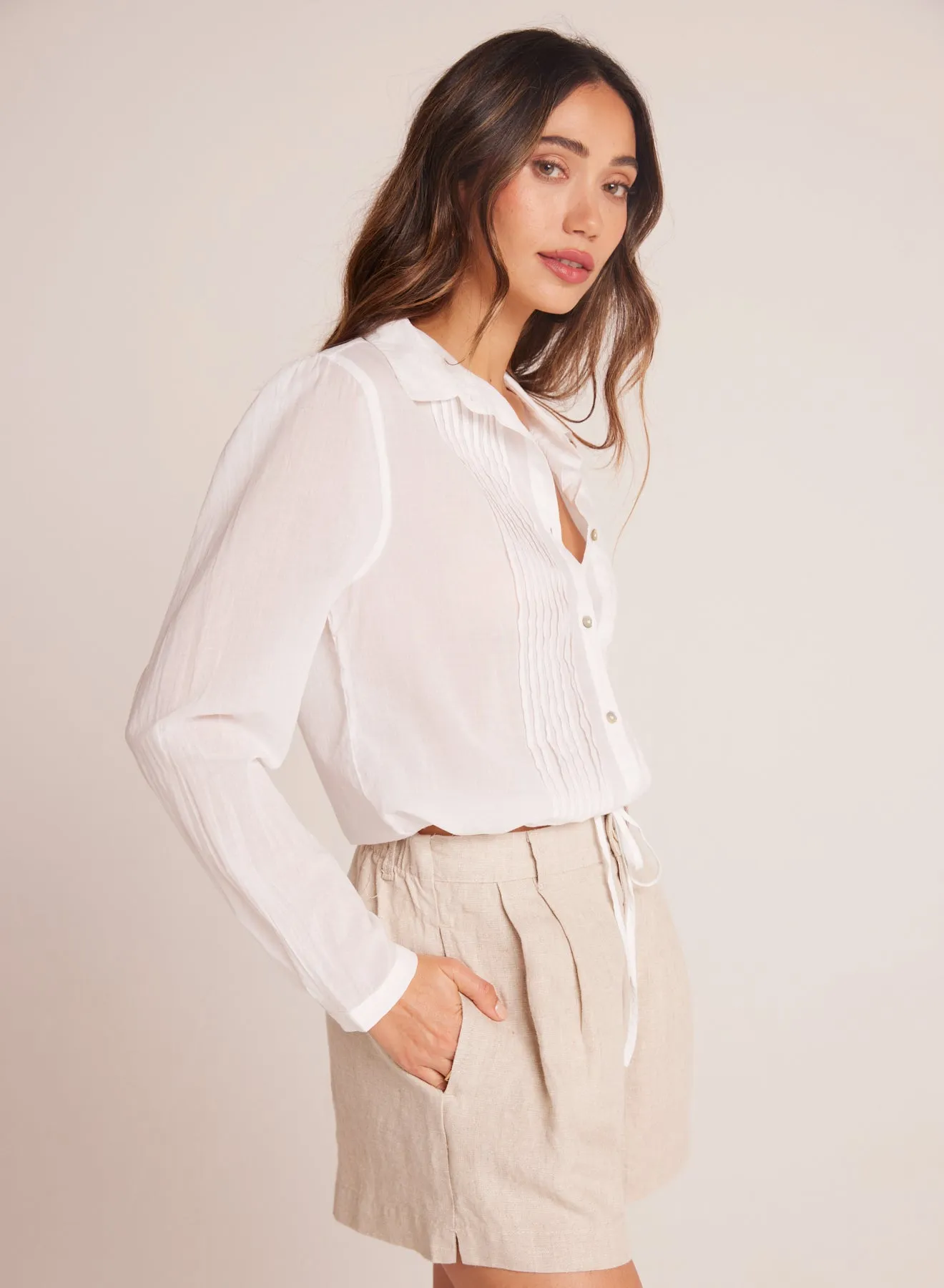 Pintuck Crop Button Down - White