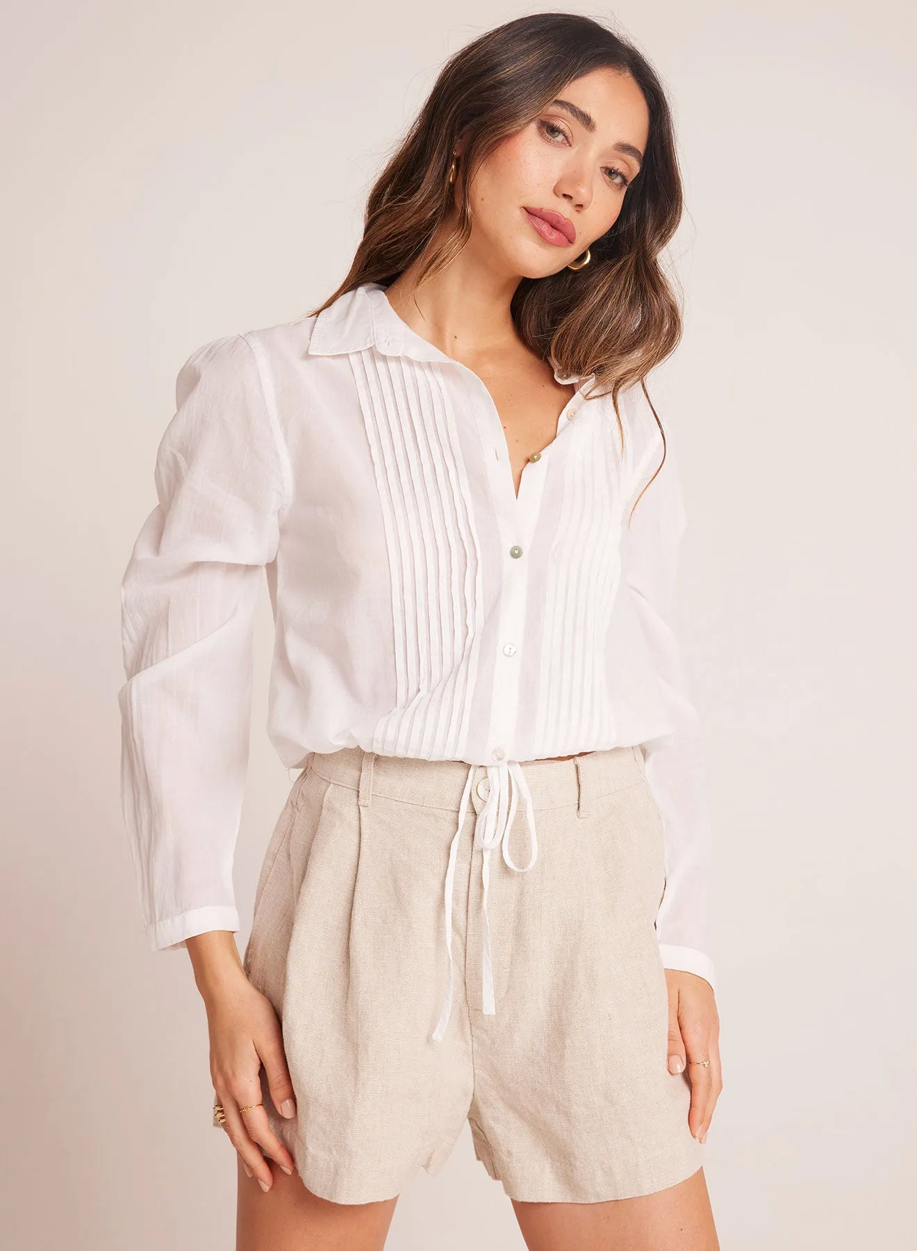 Pintuck Crop Button Down - White