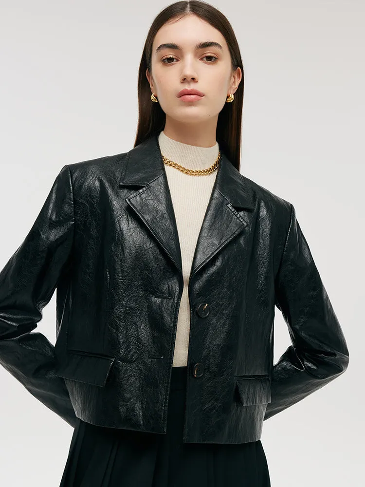 PU Leather Lapel Single-Breasted Women Crop Jacket