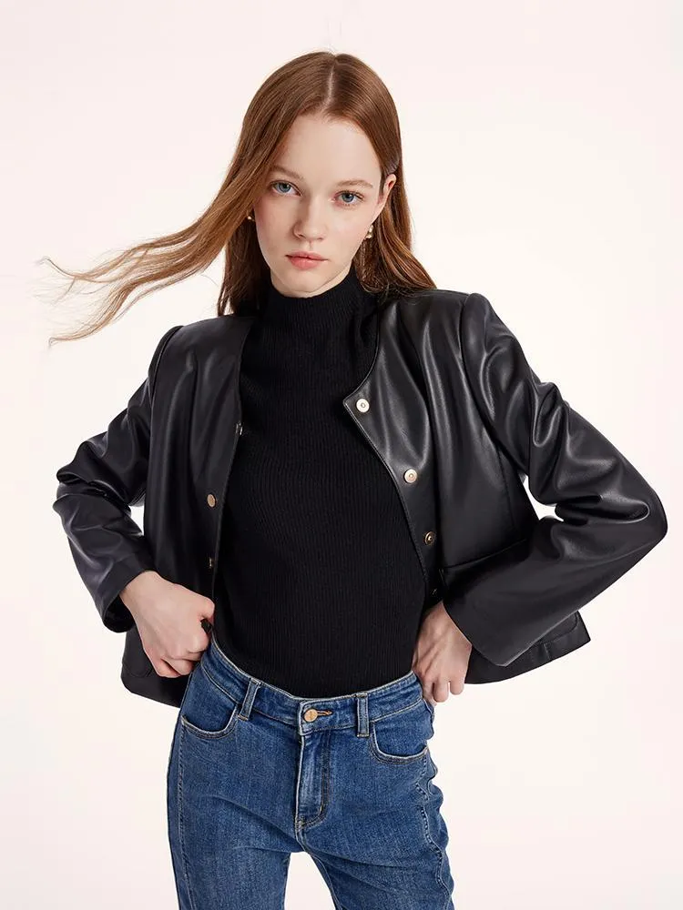 Round Neck Synthetic Leather Jacket