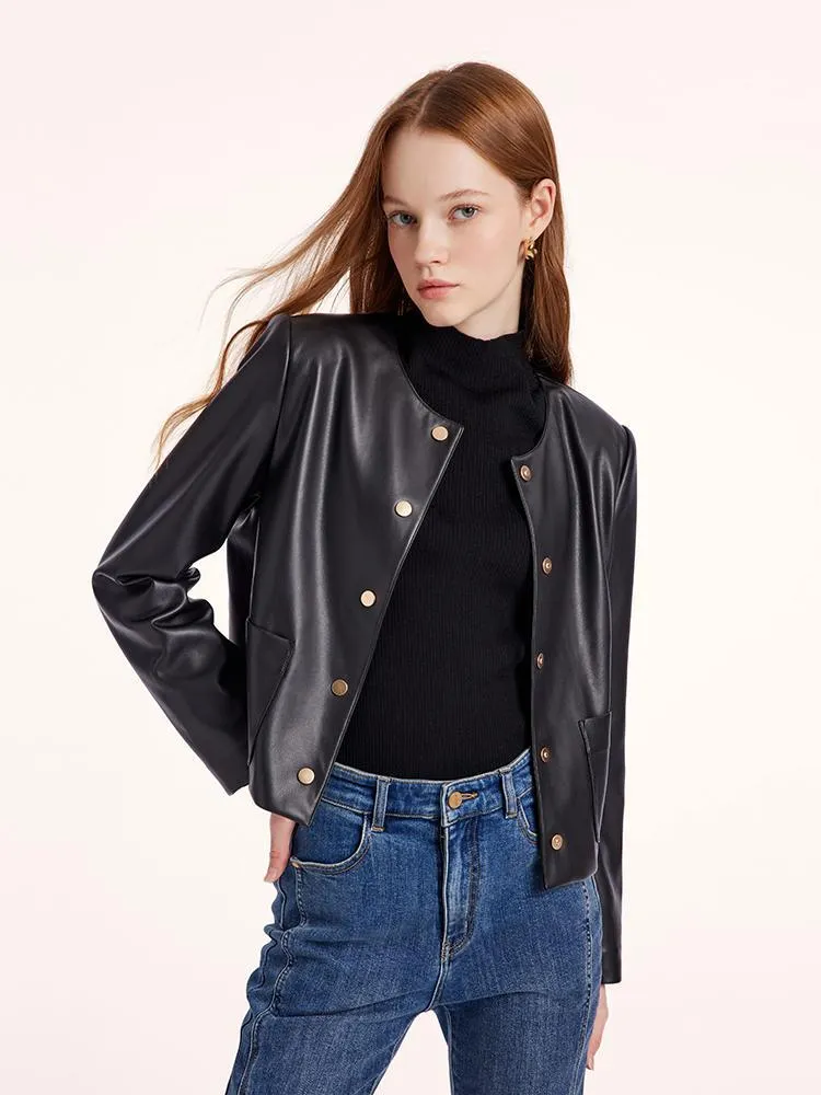 Round Neck Synthetic Leather Jacket