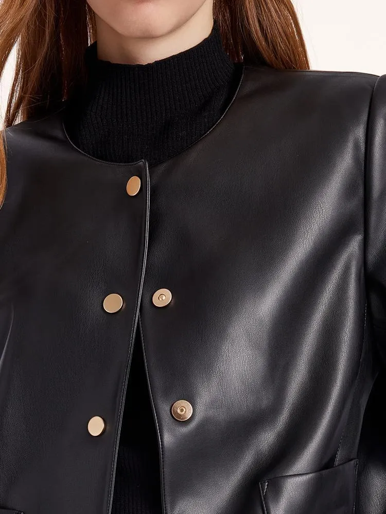 Round Neck Synthetic Leather Jacket