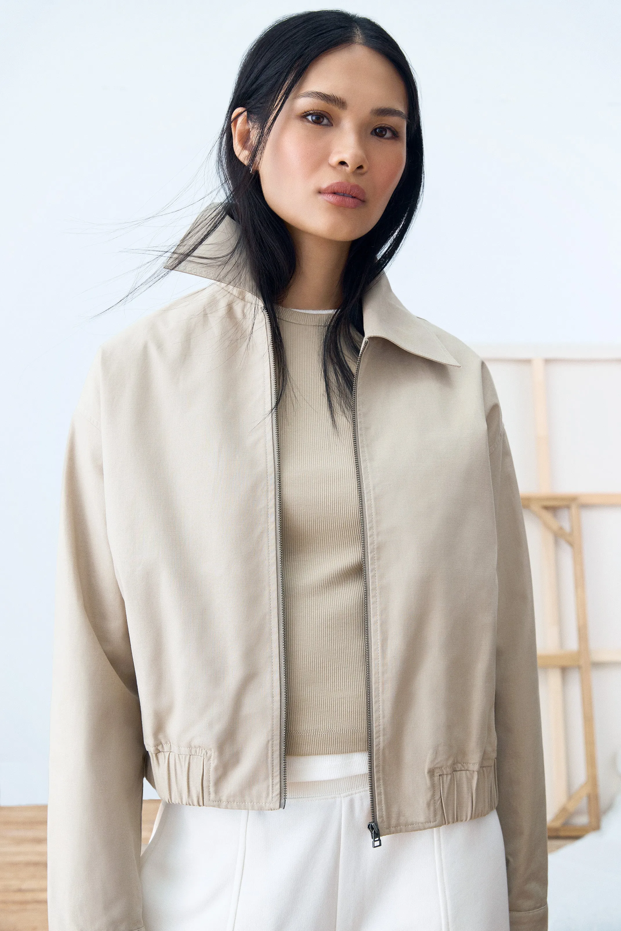 Light Beige Zip-Up Bomber Jacket