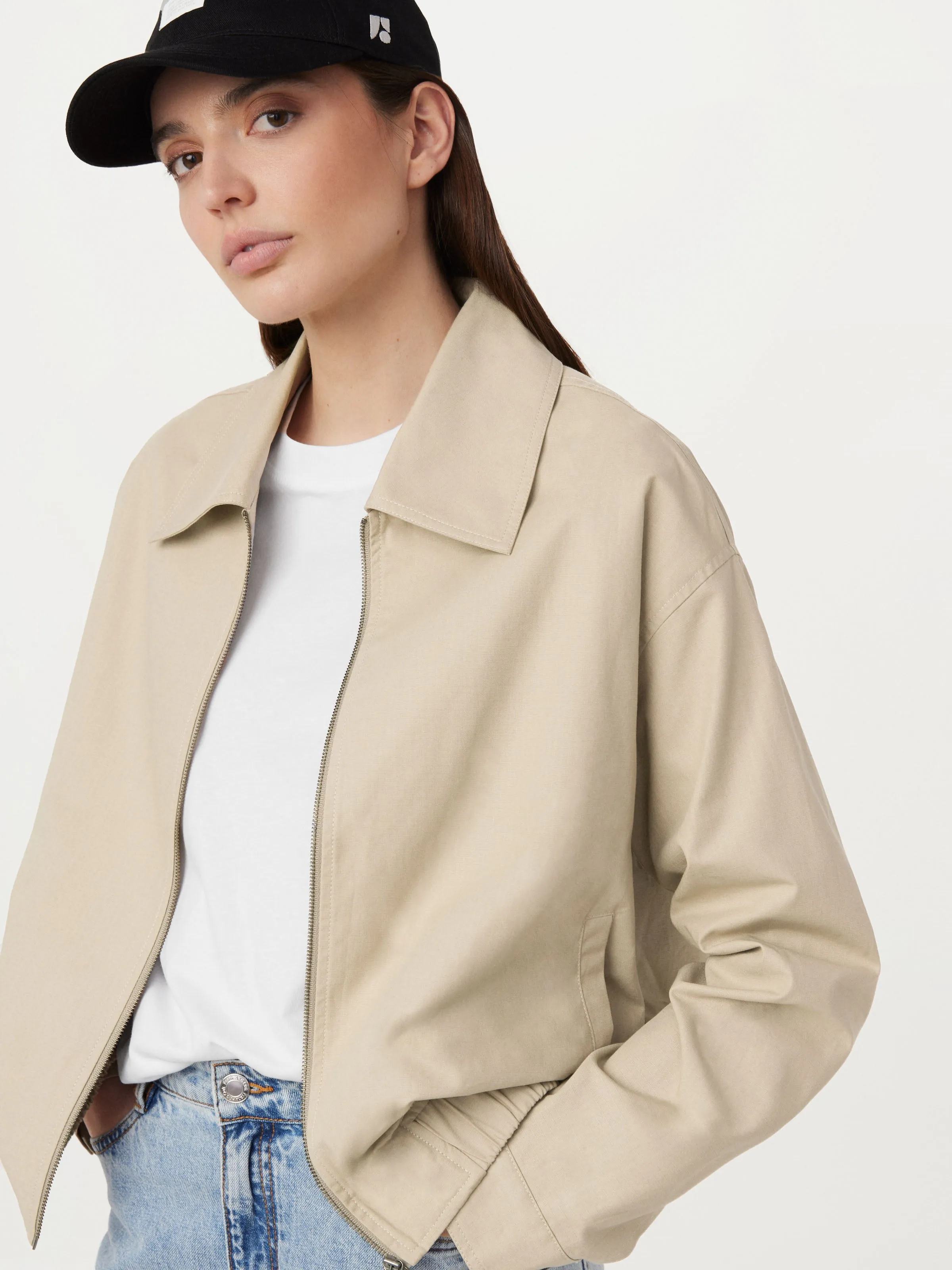 Light Beige Zip-Up Bomber Jacket