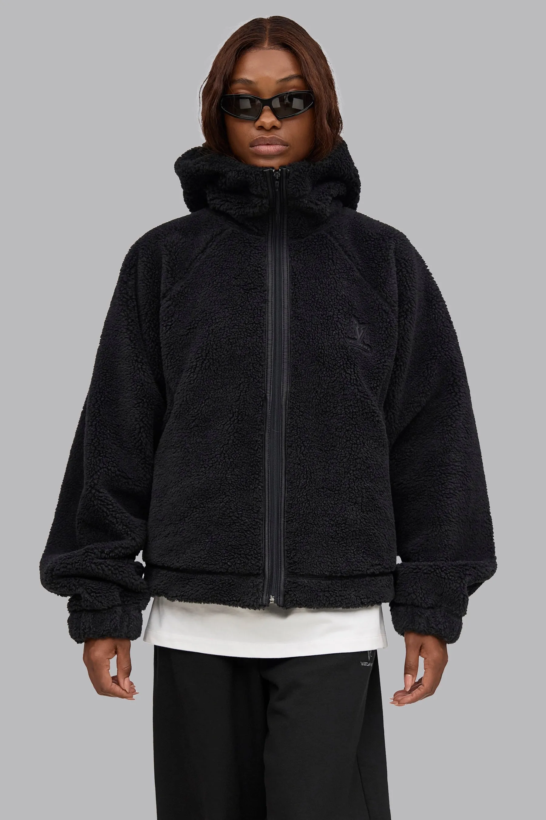 V_FLEECE BOXY BOMBER JACKET - Black