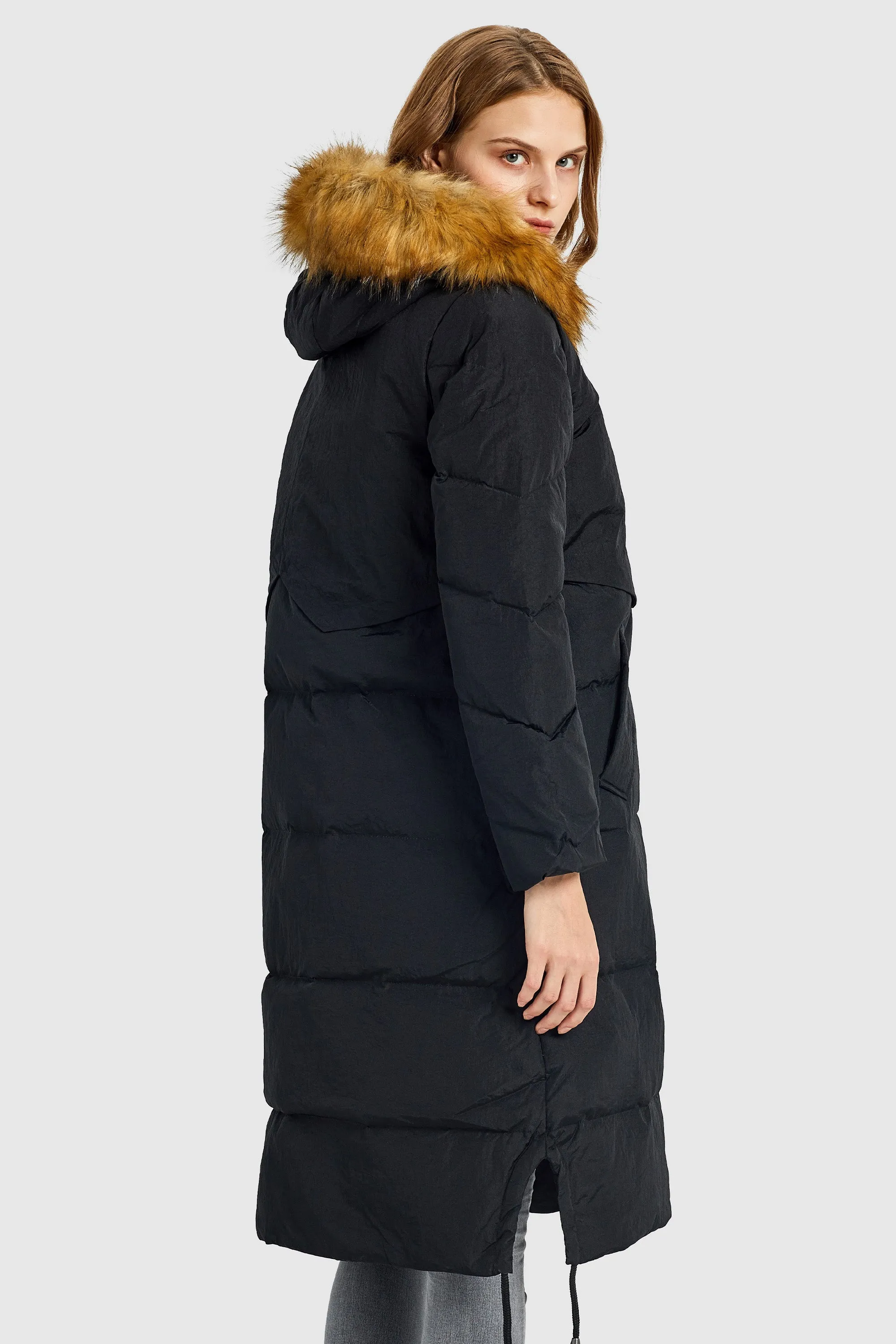 Winter Drawstring Down Coat Removable Faux Fur