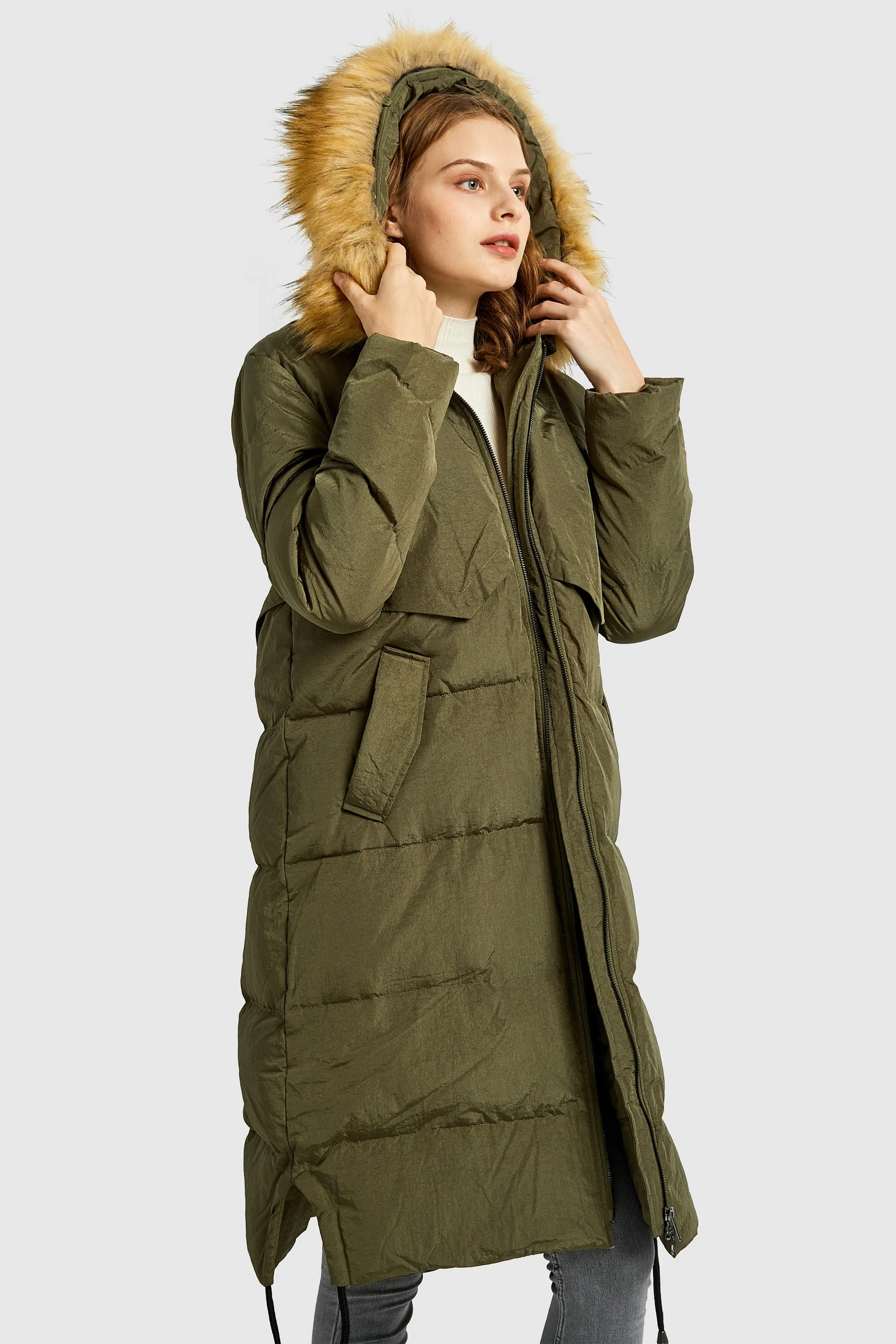 Winter Drawstring Down Coat Removable Faux Fur