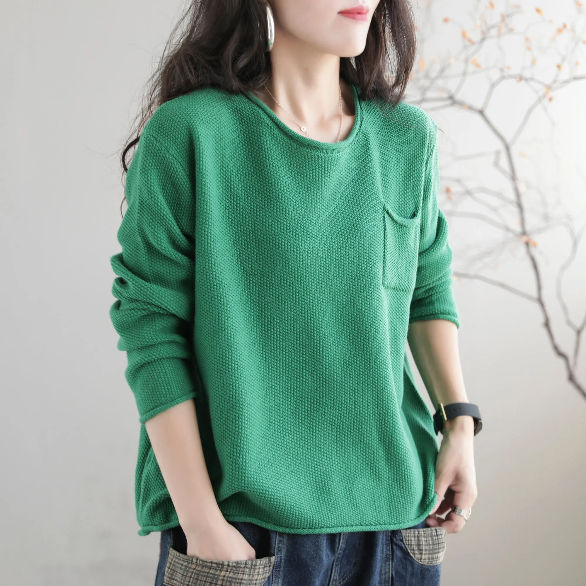 Women Autumn Solid Retro Cotton Knitted Sweater