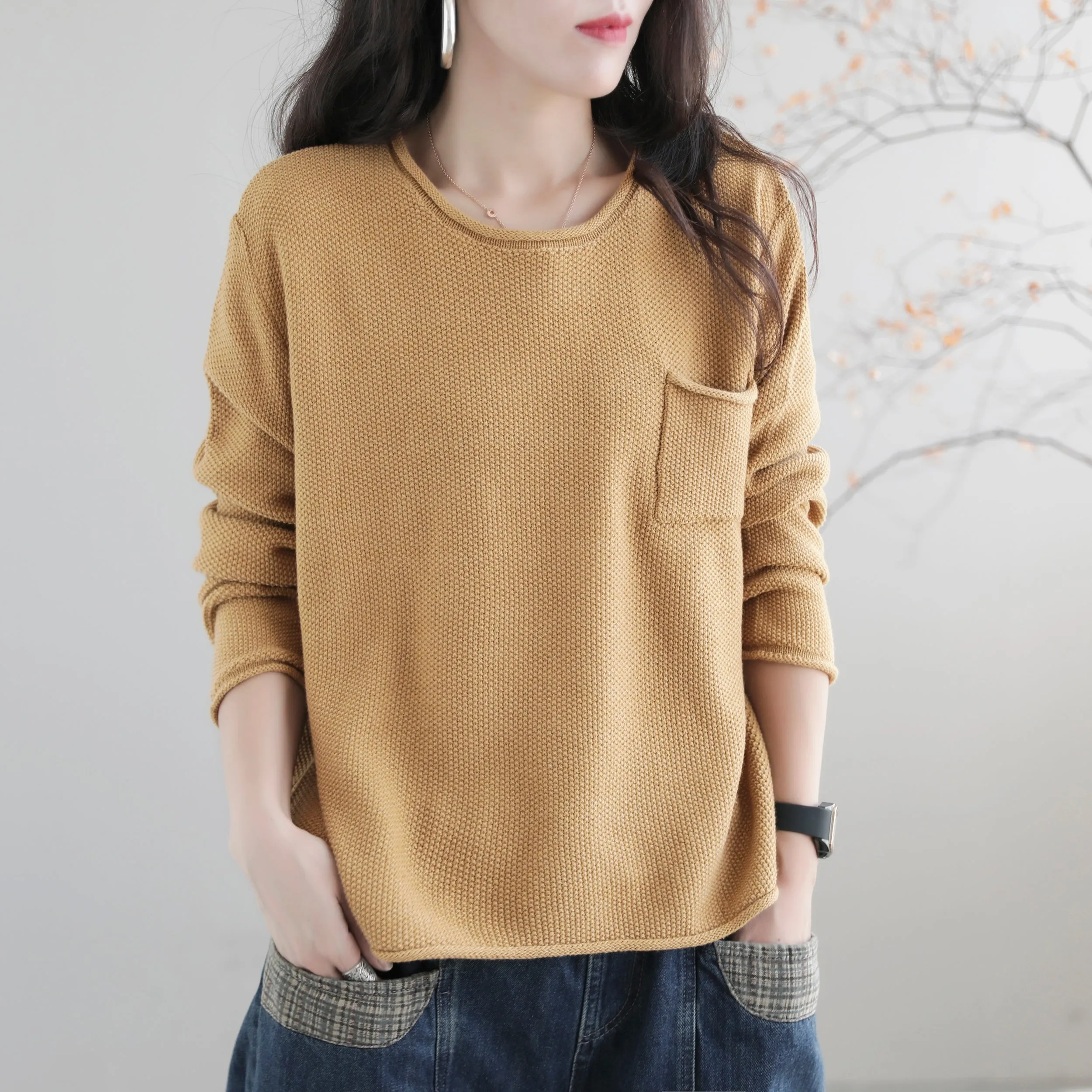 Women Autumn Solid Retro Cotton Knitted Sweater