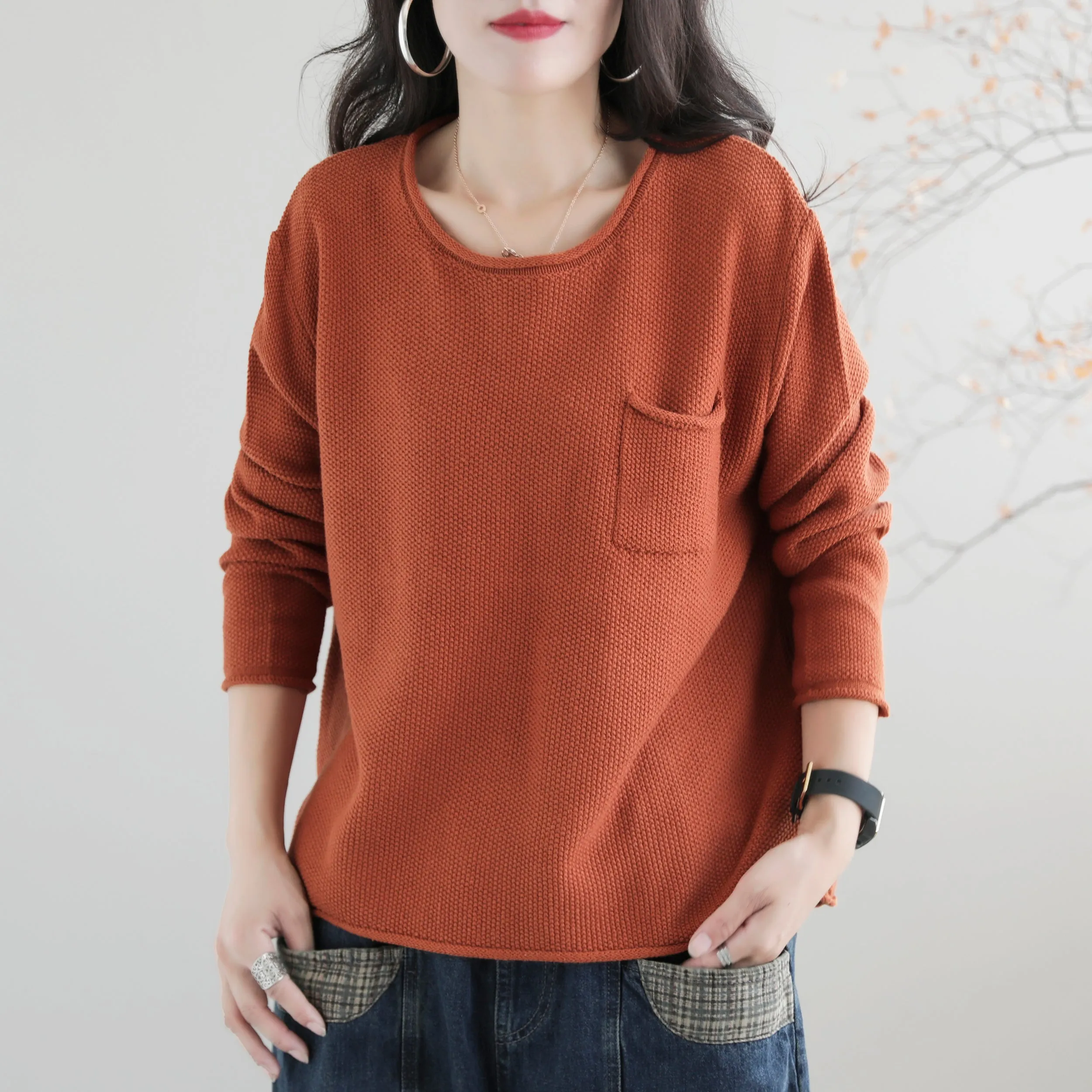 Women Autumn Solid Retro Cotton Knitted Sweater