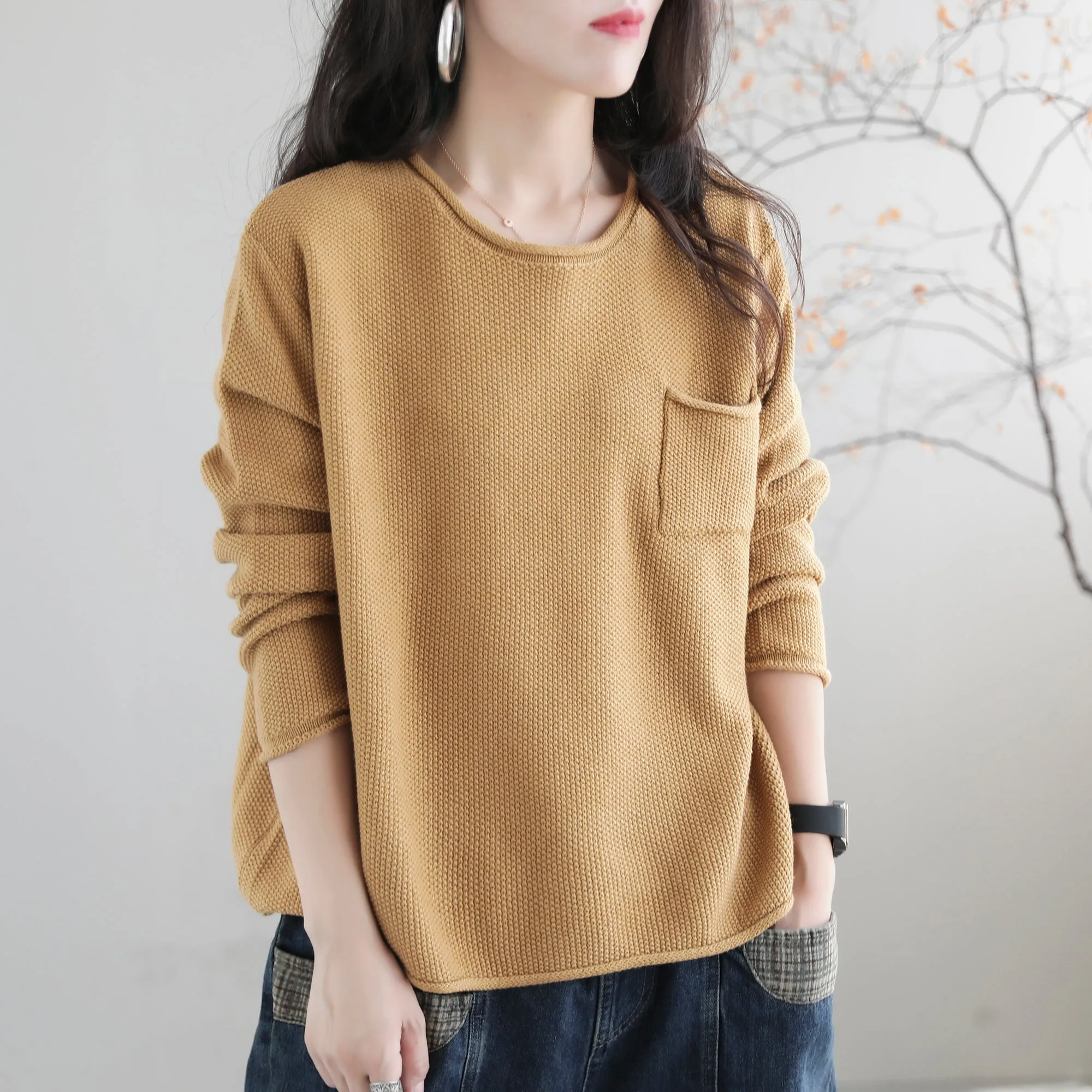 Women Autumn Solid Retro Cotton Knitted Sweater