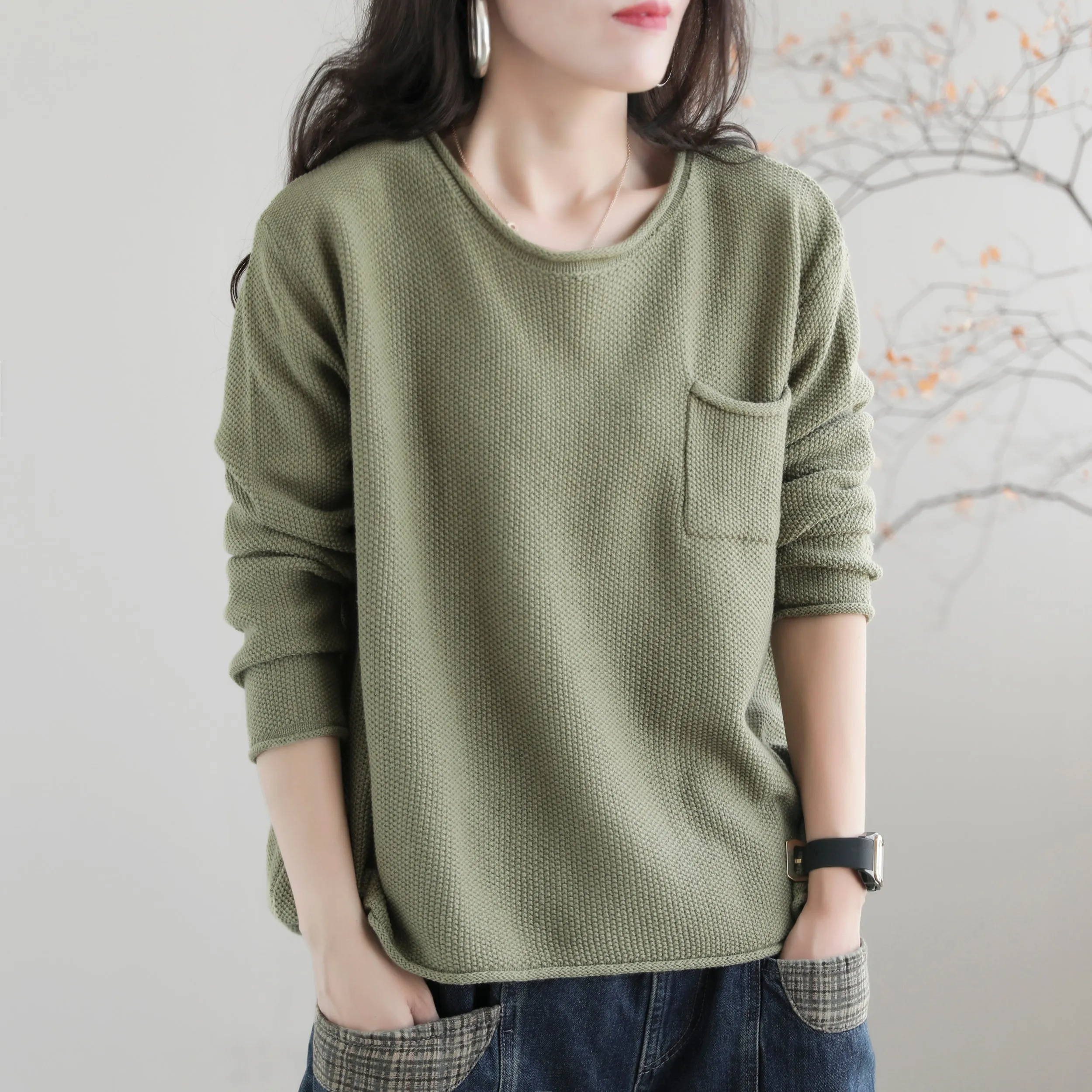 Women Autumn Solid Retro Cotton Knitted Sweater