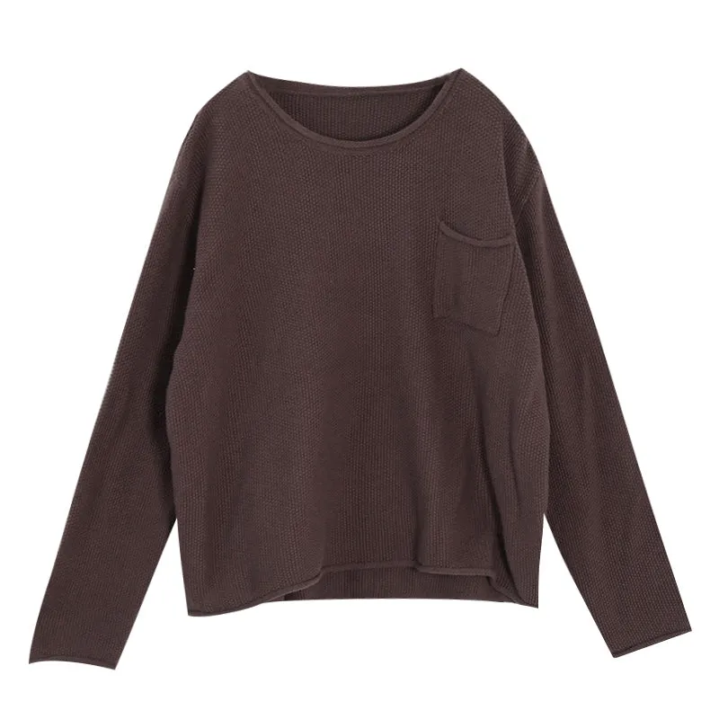 Women Autumn Solid Retro Cotton Knitted Sweater